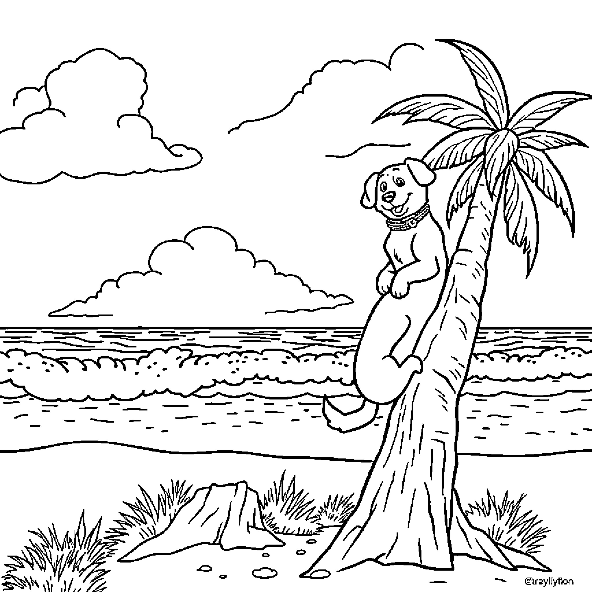 Dog playing happily on a palm tree by the beach Coloring Page (free black-and-white line drawing printable PDF for all, from beginners to advanced learners, including children, teens, adults, and seniors)