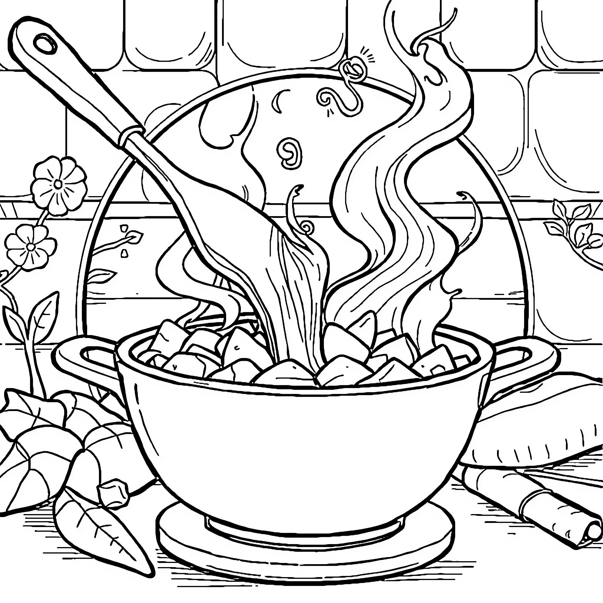Cooking a Delicious Meal with Vegetables and Utensils Coloring Page (free black-and-white line drawing printable PDF for all, from beginners to advanced learners, including children, teens, adults, and seniors)