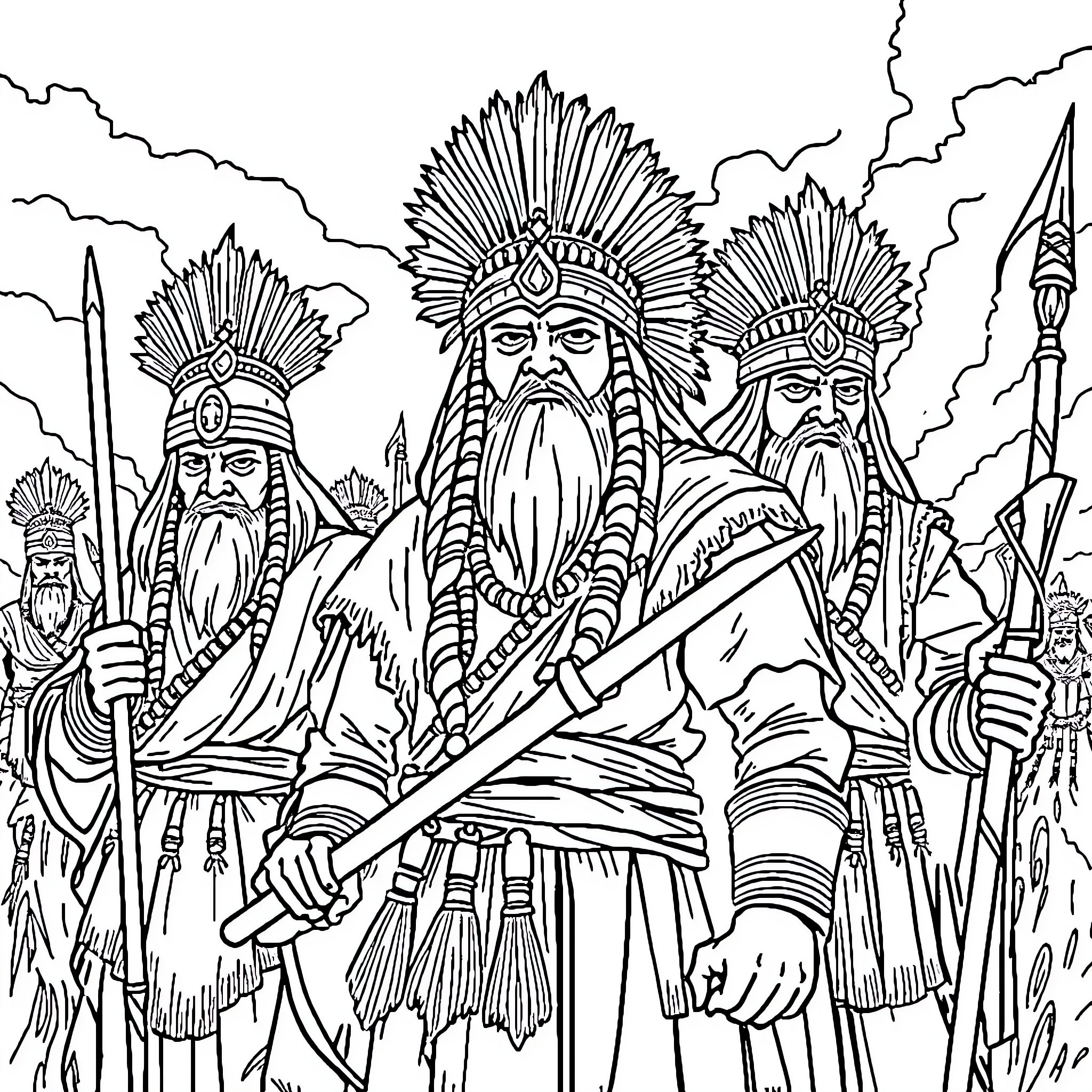 Shaman Leaders Gathering with Ceremonial Attire Coloring Page (free black-and-white line drawing printable PDF for all, from beginners to advanced learners, including children, teens, adults, and seniors)