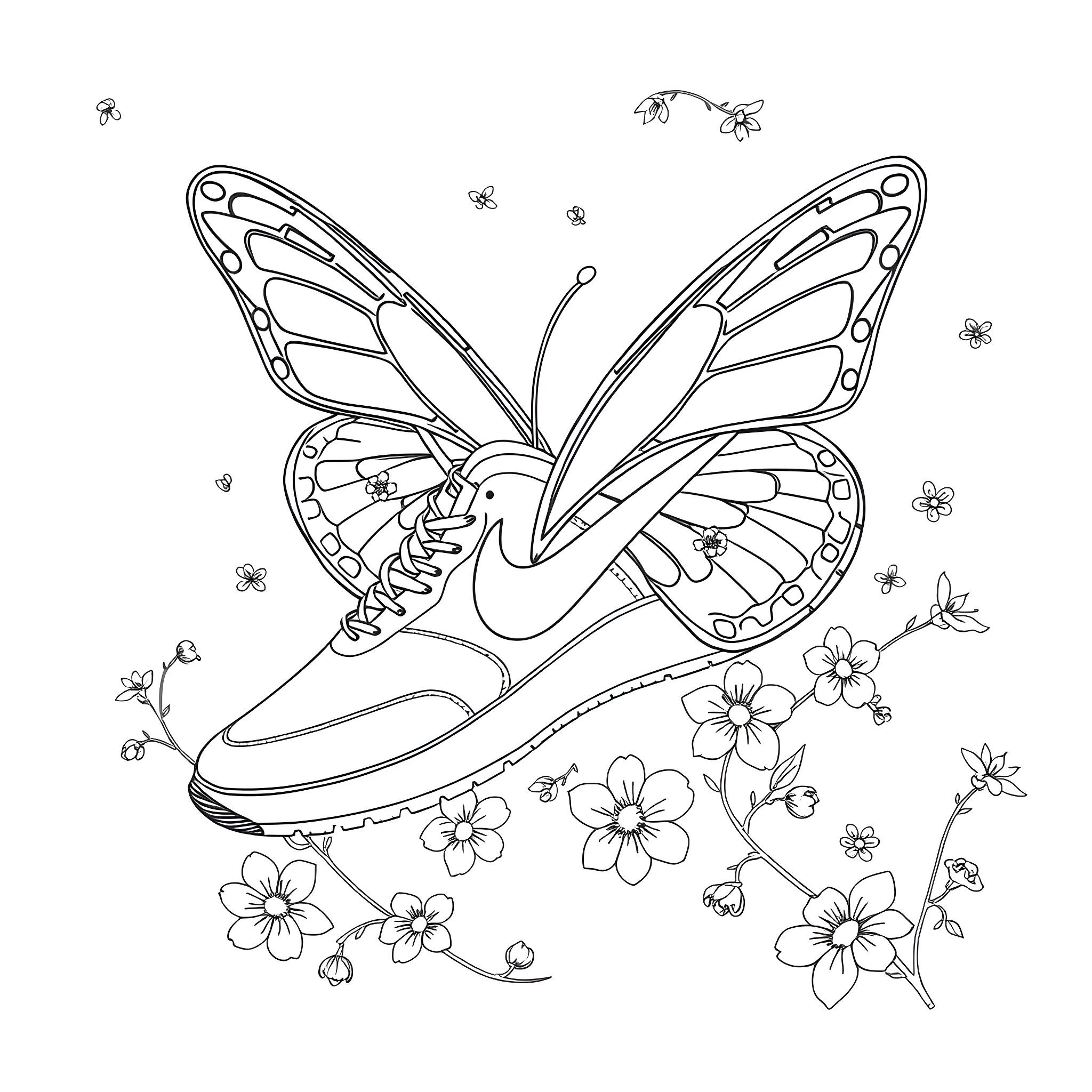 Shoe with butterfly wings among flowers Coloring Page (free black-and-white line drawing printable PDF for all, from beginners to advanced learners, including children, teens, adults, and seniors)