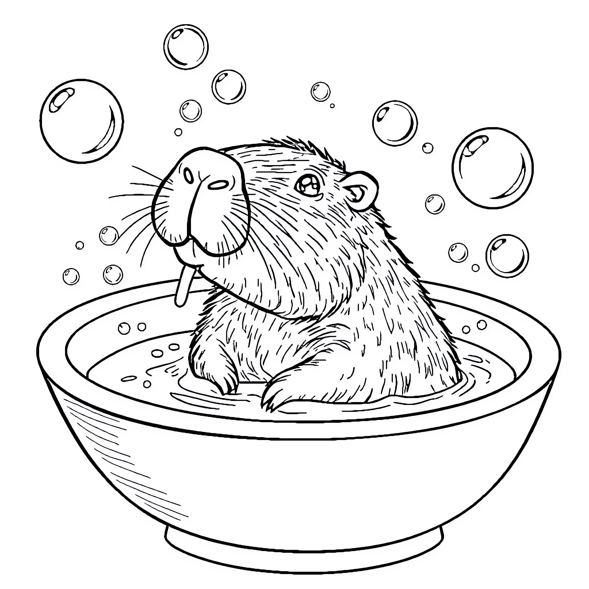 Capybara relaxing in a bubble bath Coloring Page (free black-and-white line drawing printable PDF for all, from beginners to advanced learners, including children, teens, adults, and seniors)