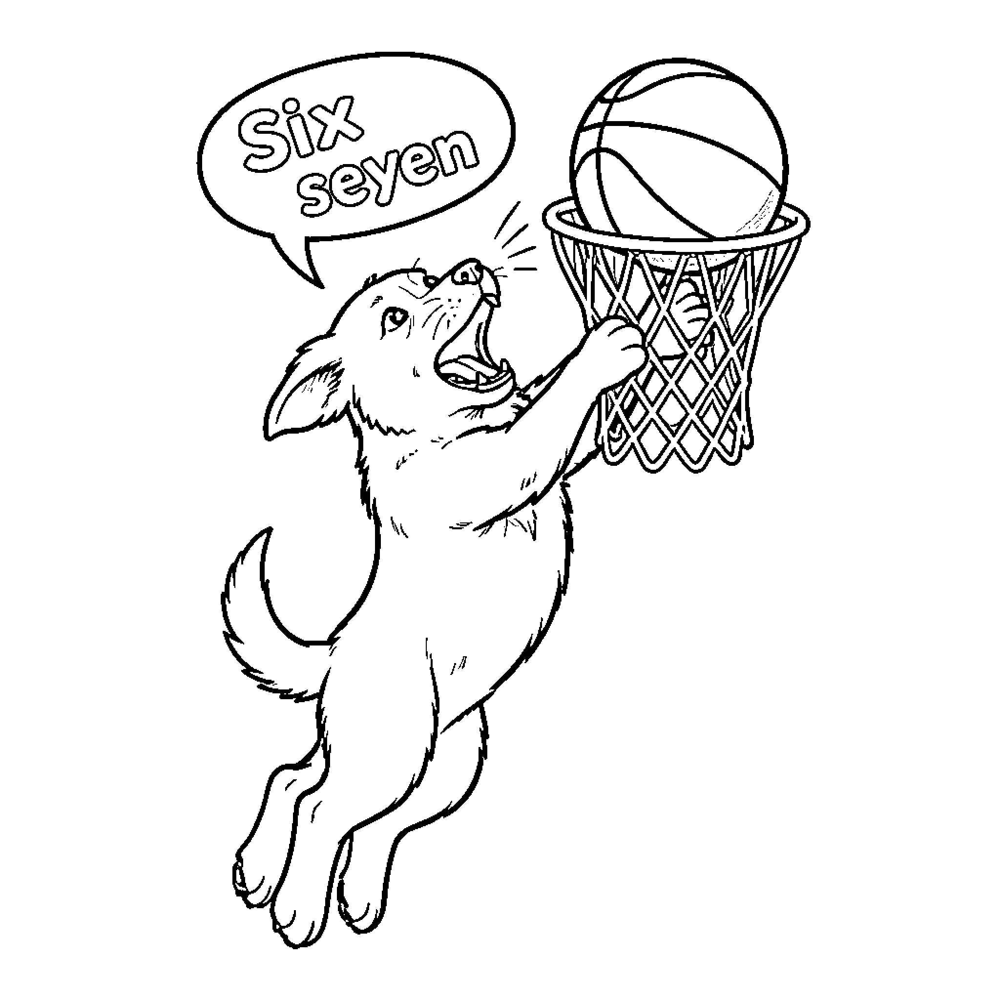 Dog playing basketball and counting score Coloring Page (free black-and-white line drawing printable PDF for all, from beginners to advanced learners, including children, teens, adults, and seniors)
