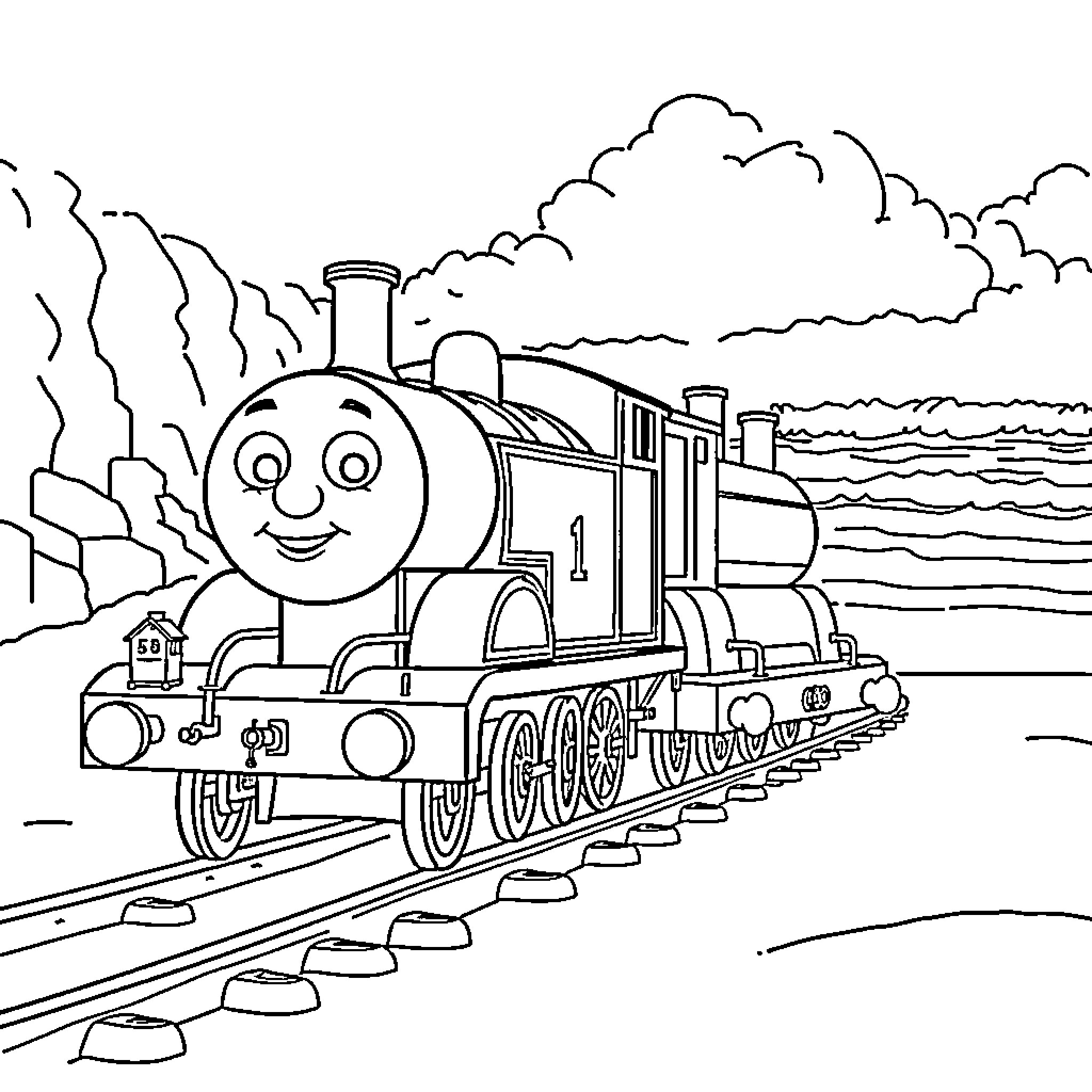 Train traveling through scenic landscape Coloring Page (free black-and-white line drawing printable PDF for all, from beginners to advanced learners, including children, teens, adults, and seniors)