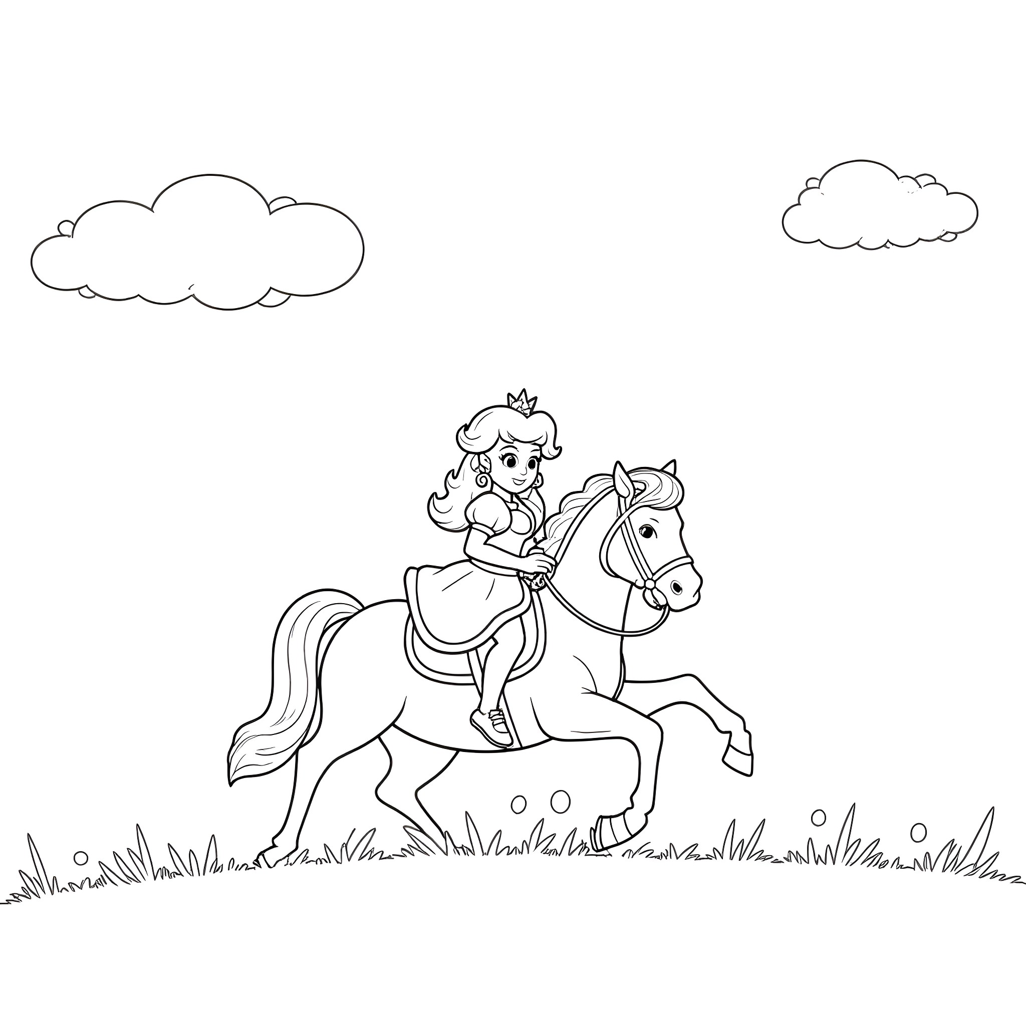Princess riding a horse through the countryside Coloring Page (free black-and-white line drawing printable PDF for all, from beginners to advanced learners, including children, teens, adults, and seniors)