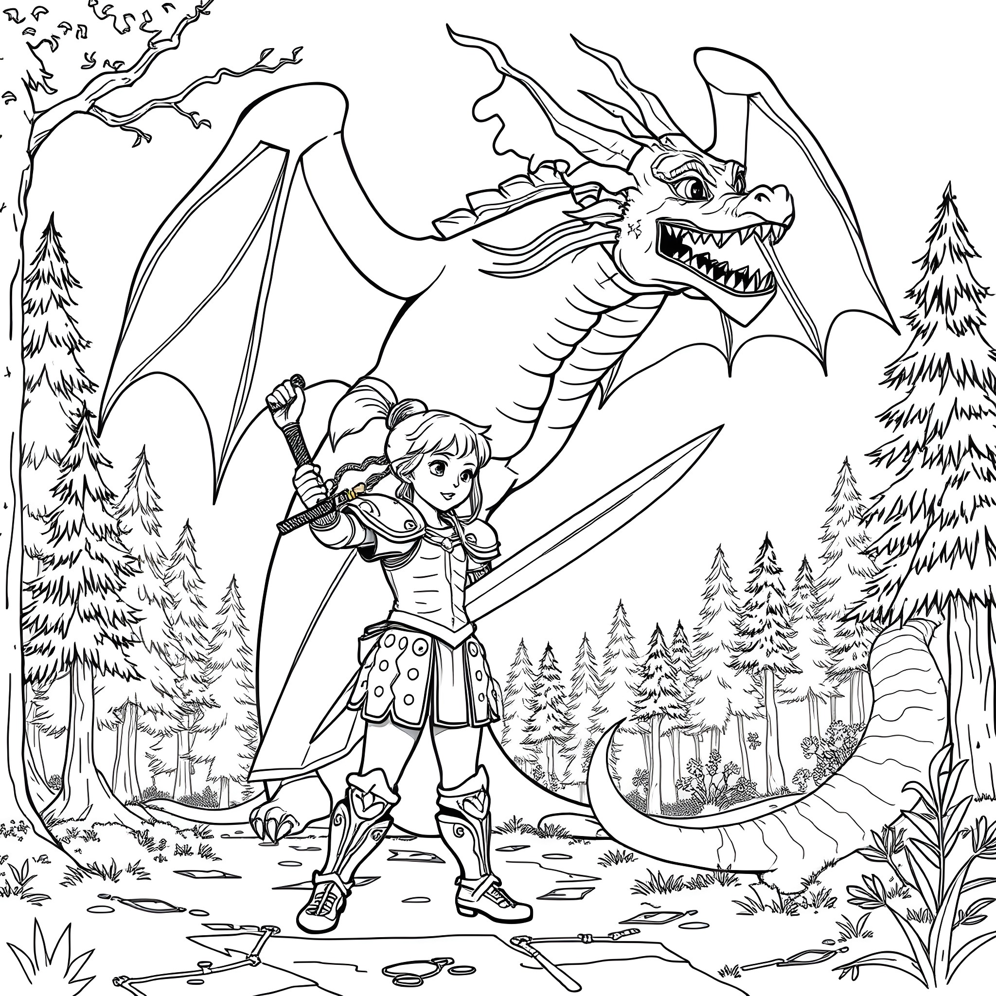 Girl fighting a dragon in a fantasy forest Coloring Page (free black-and-white line drawing printable PDF for all, from beginners to advanced learners, including children, teens, adults, and seniors)