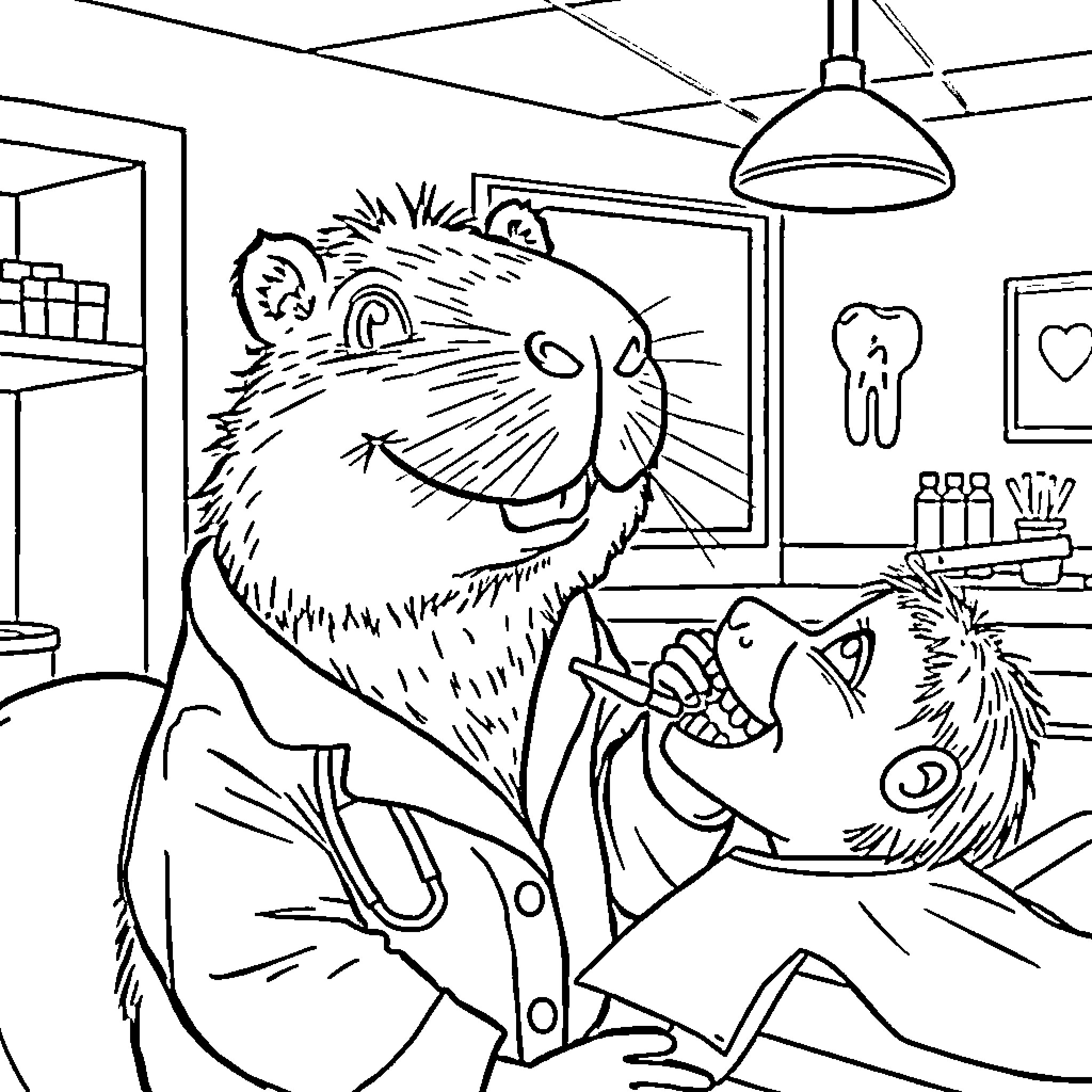 Capybara dentist examining patient's teeth Coloring Page (free black-and-white line drawing printable PDF for all, from beginners to advanced learners, including children, teens, adults, and seniors)