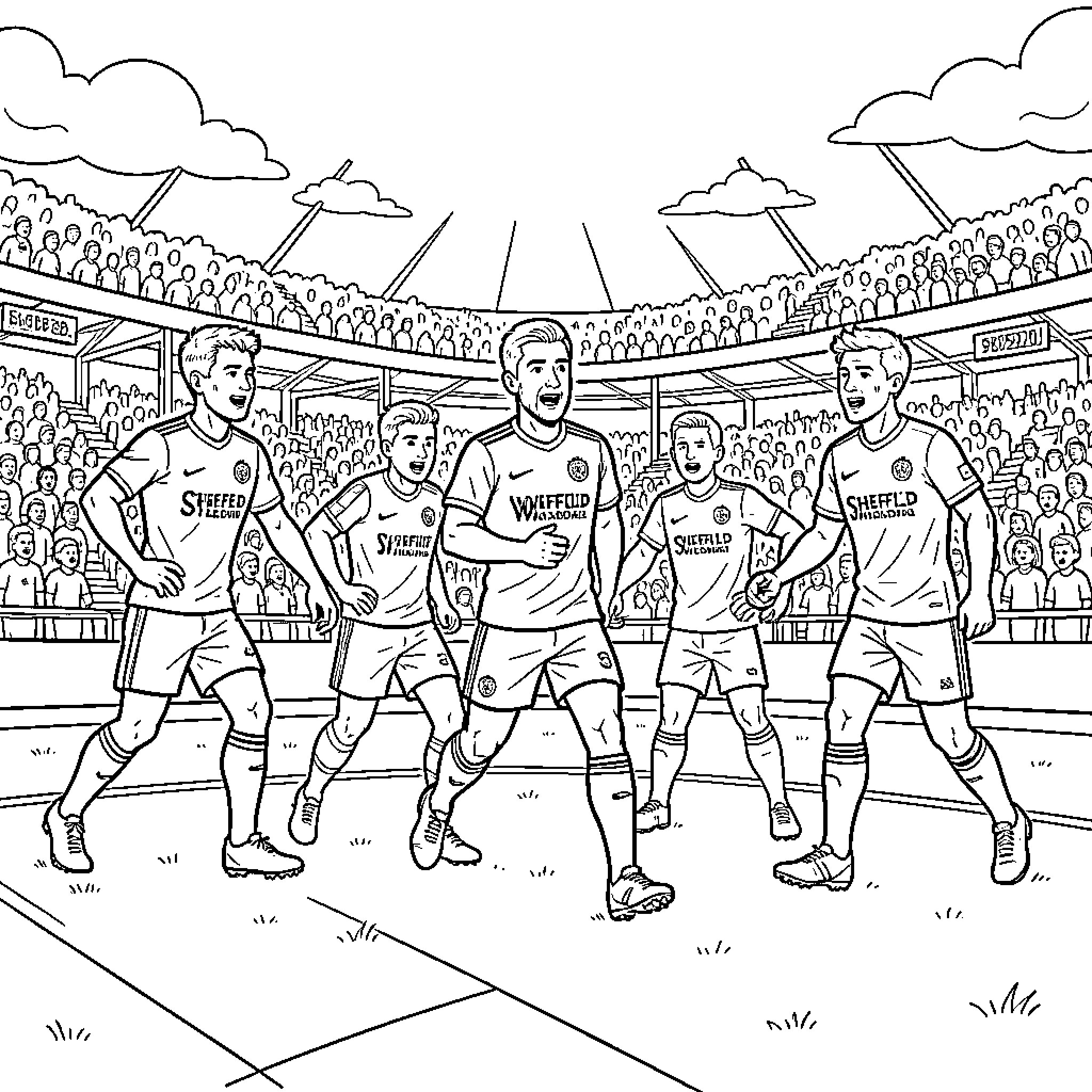 Sheffield Wednesday football players celebrating a victory Coloring Page (free black-and-white line drawing printable PDF for all, from beginners to advanced learners, including children, teens, adults, and seniors)