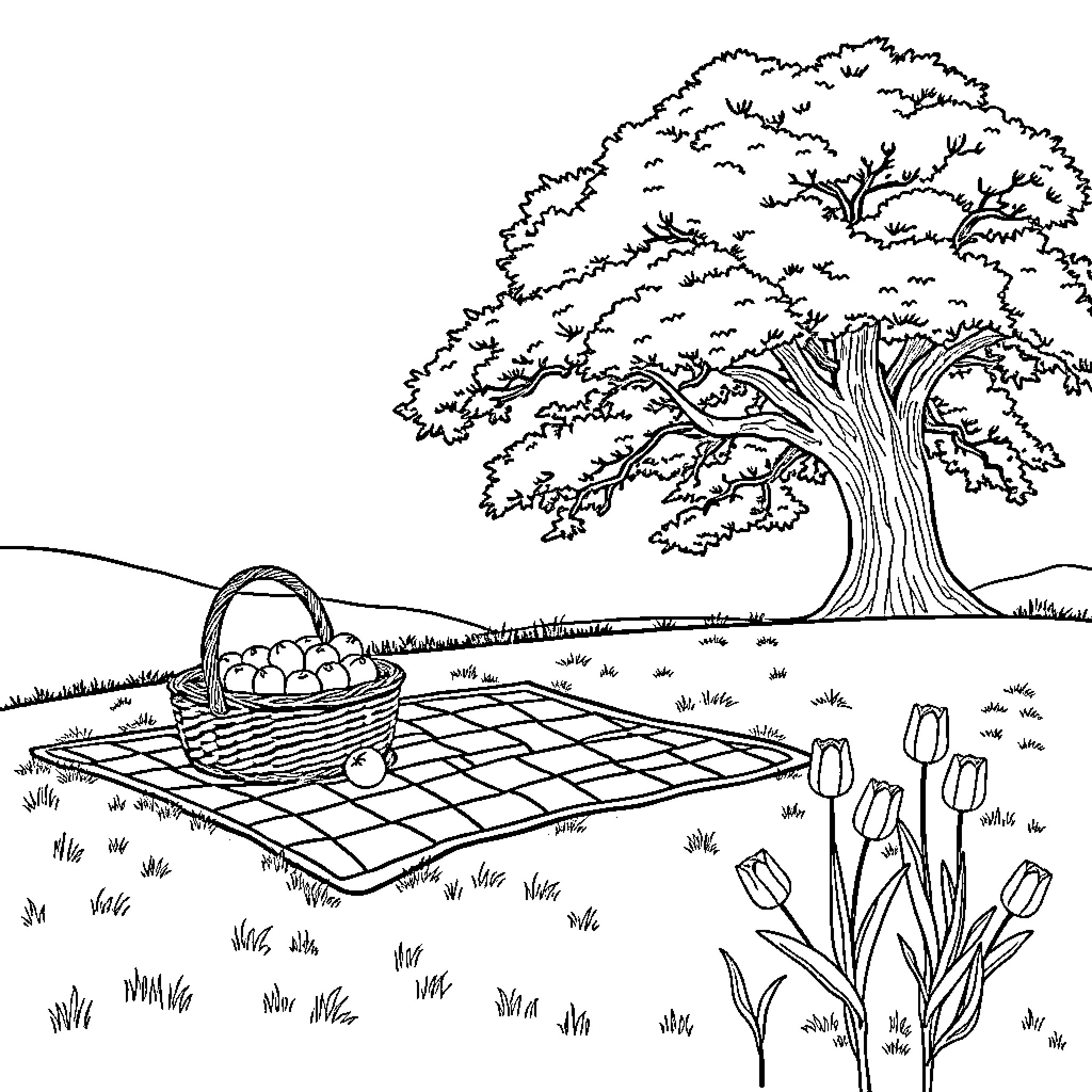 Picnic under the Shady Tree Coloring Page (free black-and-white line drawing printable PDF for all, from beginners to advanced learners, including children, teens, adults, and seniors)