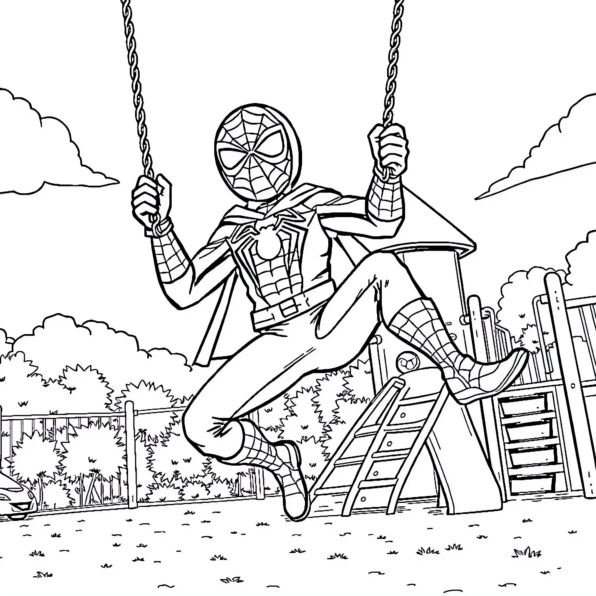 Spiderman swinging with joy on playground equipment Coloring Page (free black-and-white line drawing printable PDF for all, from beginners to advanced learners, including children, teens, adults, and seniors)