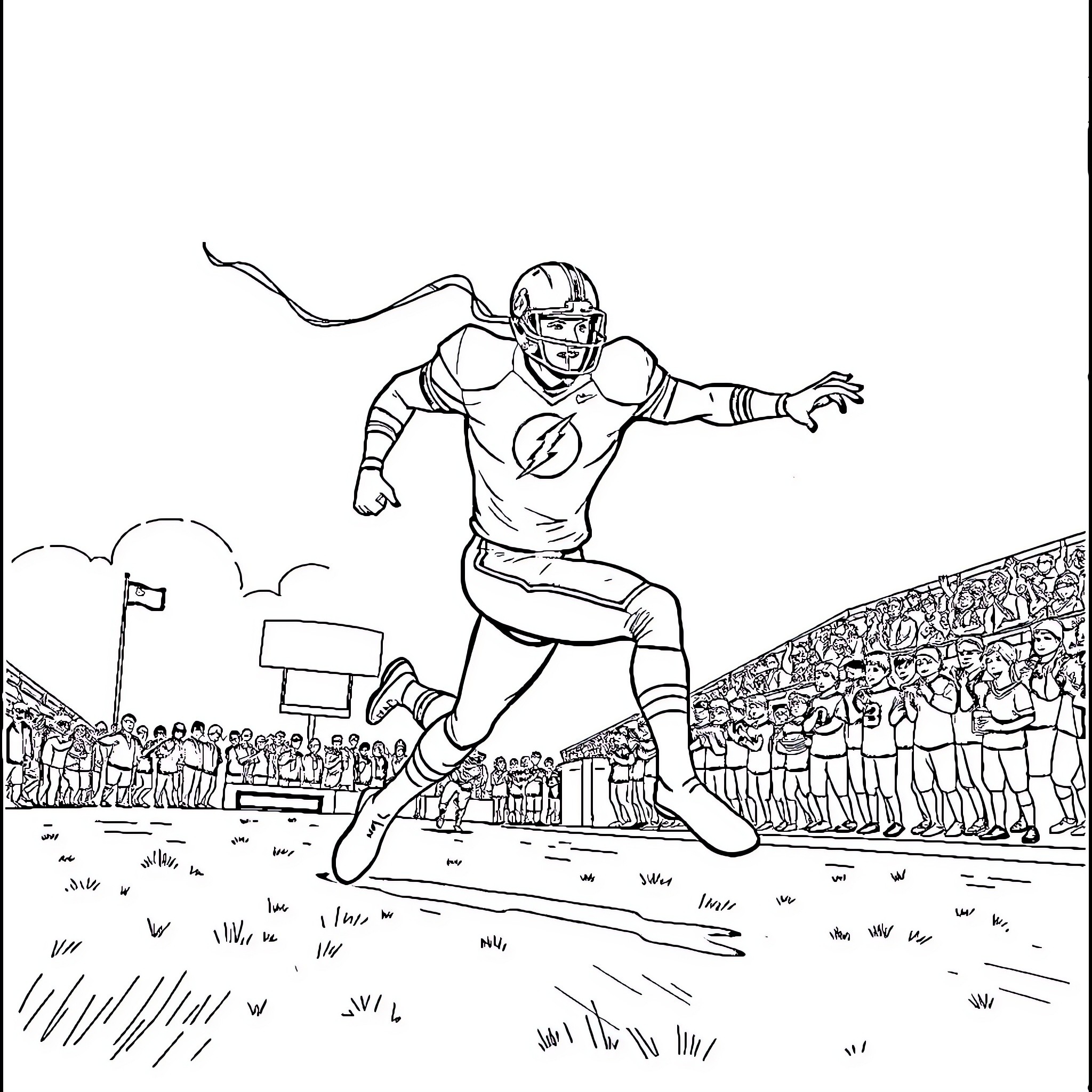 Flash Running on the Field with Fans Coloring Page (free black-and-white line drawing printable PDF for all, from beginners to advanced learners, including children, teens, adults, and seniors)