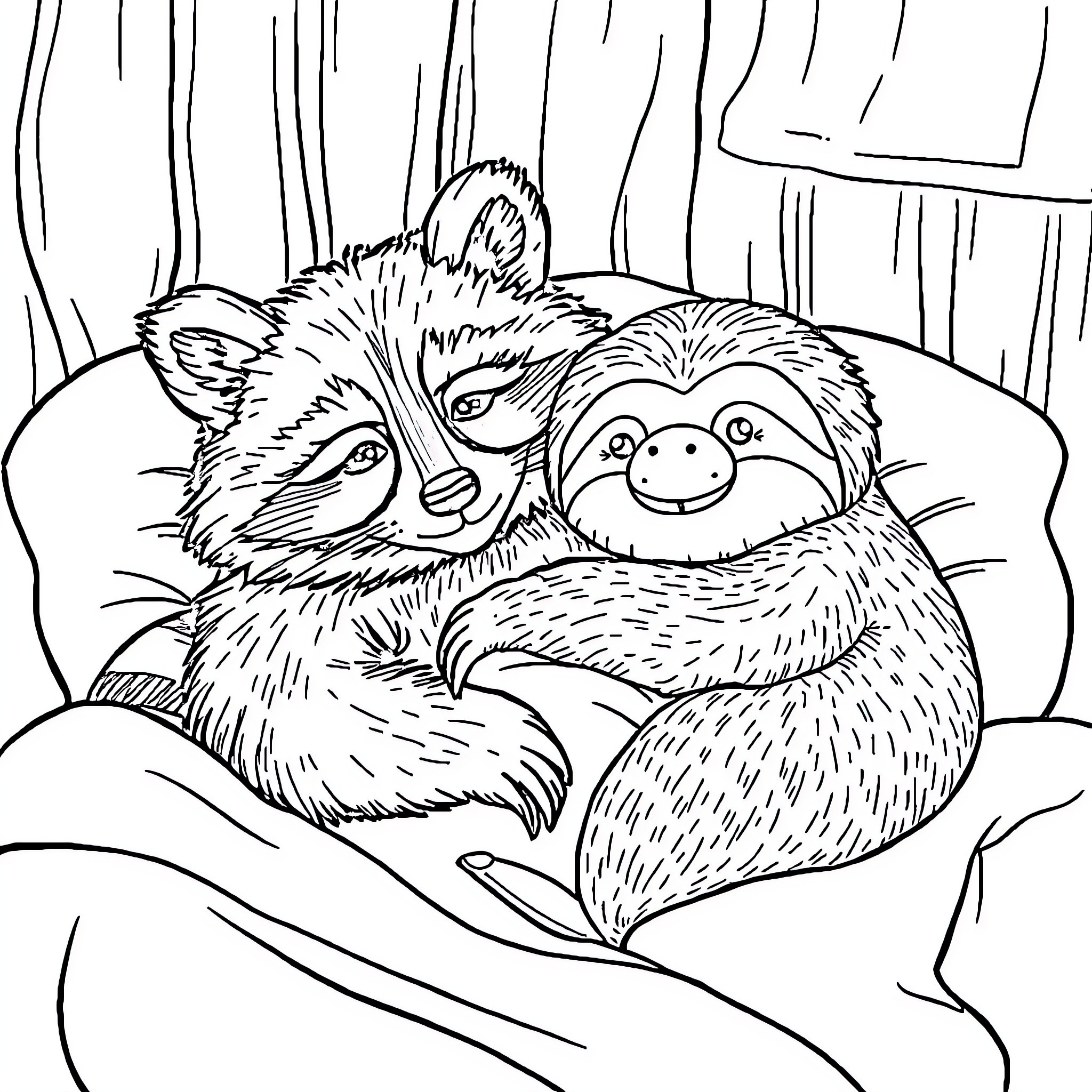 Raccoon and Sloth Cuddling in the Forest Coloring Page (free black-and-white line drawing printable PDF for all, from beginners to advanced learners, including children, teens, adults, and seniors)