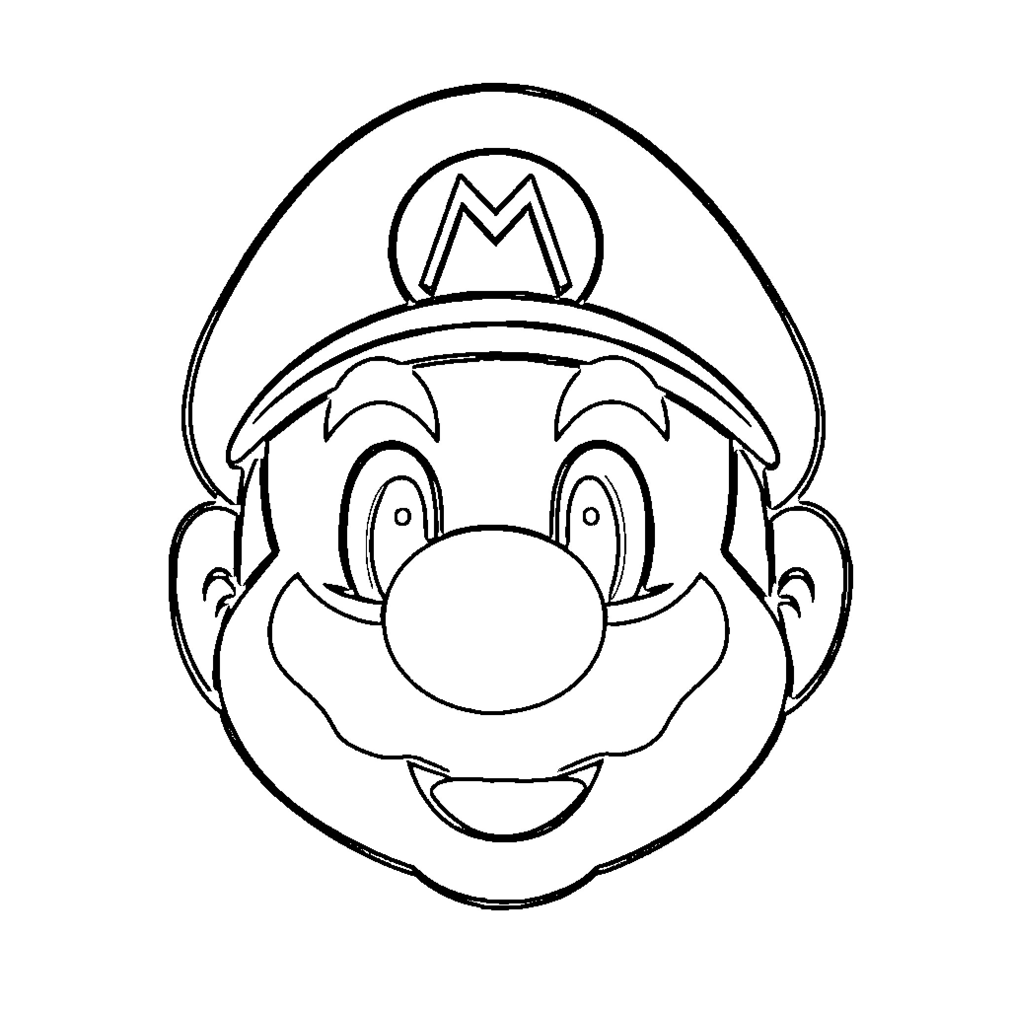 Mario Hat: Smiling Character in Cartoon Style Coloring Page (free black-and-white line drawing printable PDF for all, from beginners to advanced learners, including children, teens, adults, and seniors)