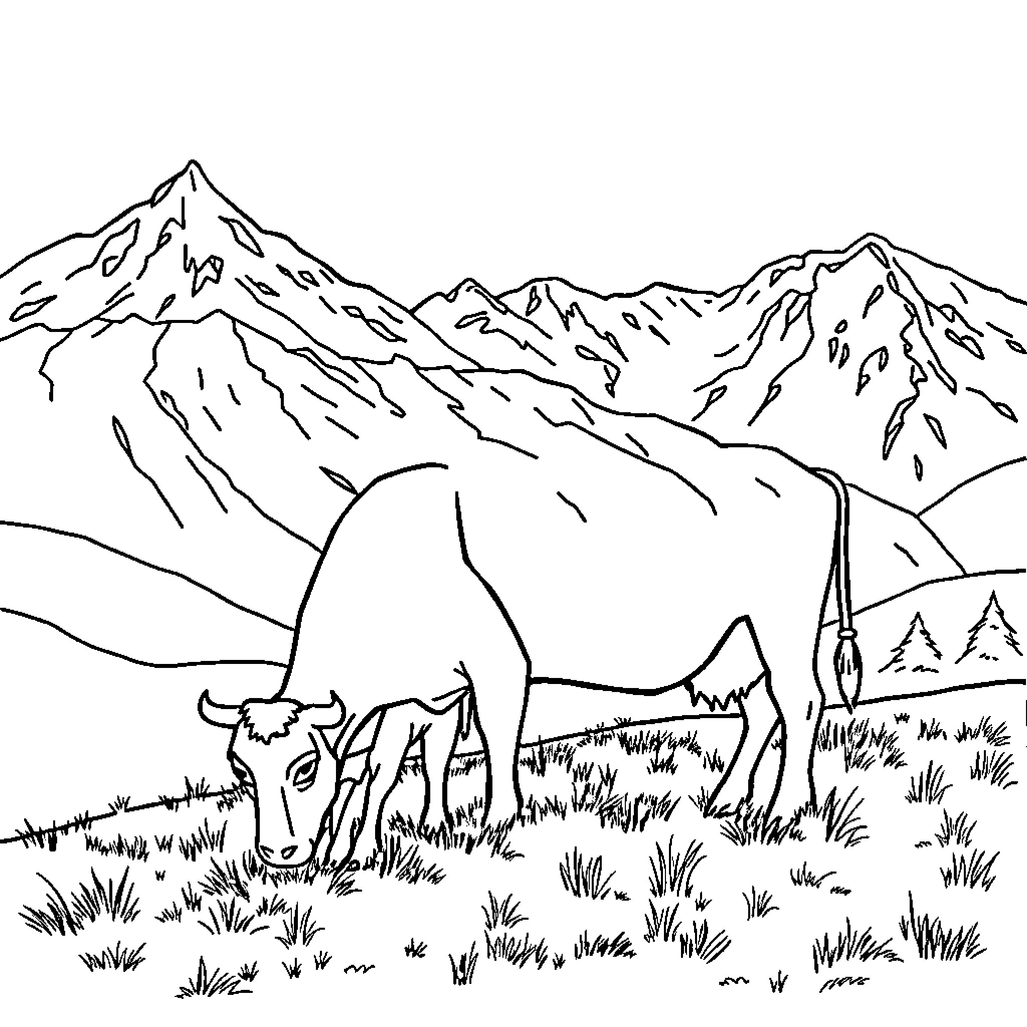 Cow grazing peacefully in the mountainous landscape Coloring Page (free black-and-white line drawing printable PDF for all, from beginners to advanced learners, including children, teens, adults, and seniors)
