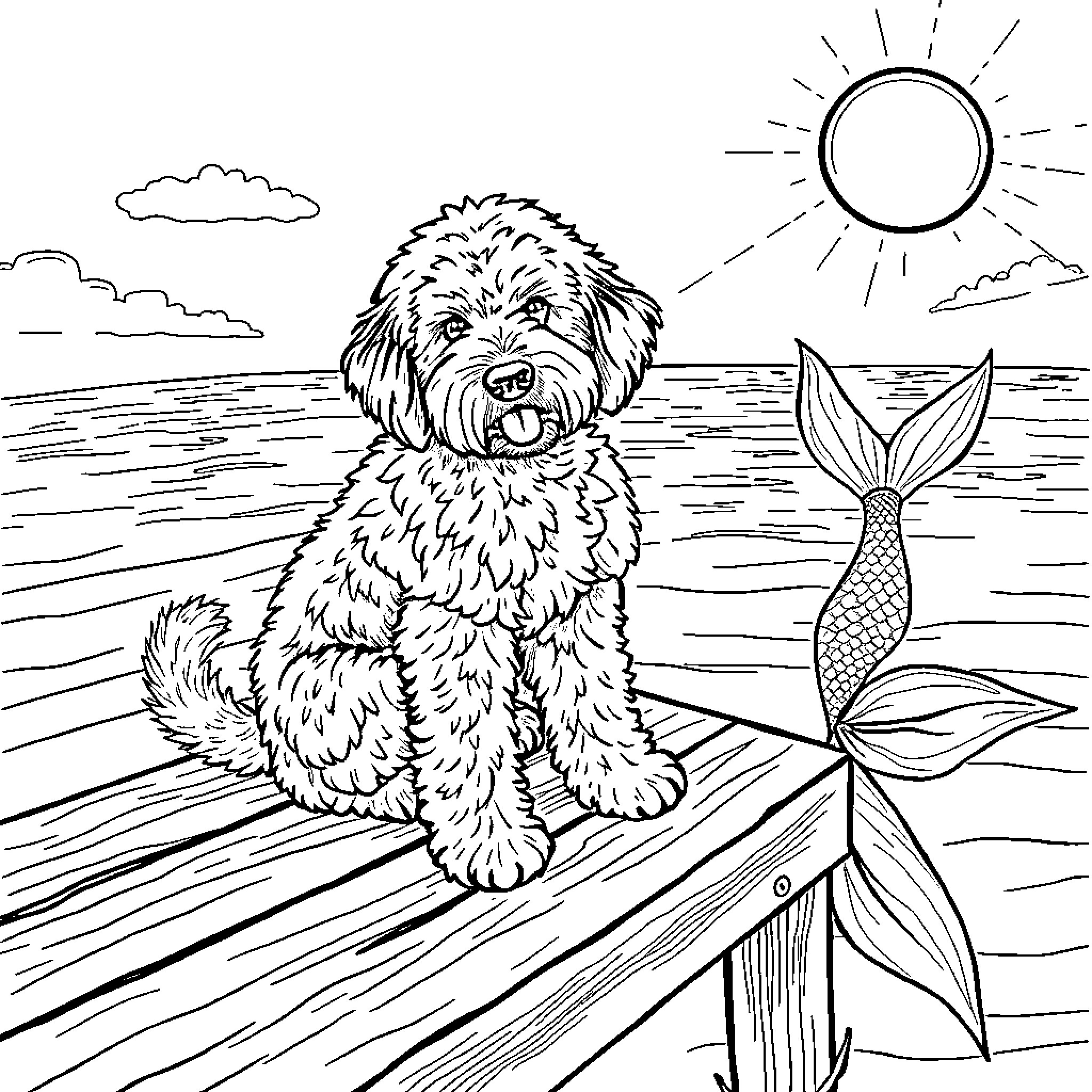 Labradoodle relaxing on the beach with a mermaid Coloring Page (free black-and-white line drawing printable PDF for all, from beginners to advanced learners, including children, teens, adults, and seniors)