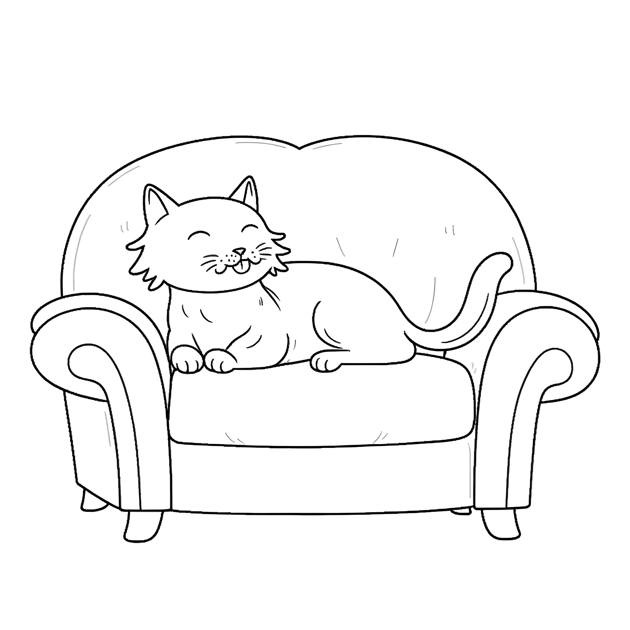 Cat resting comfortably on armchair Coloring Page (free black-and-white line drawing printable PDF for all, from beginners to advanced learners, including children, teens, adults, and seniors)