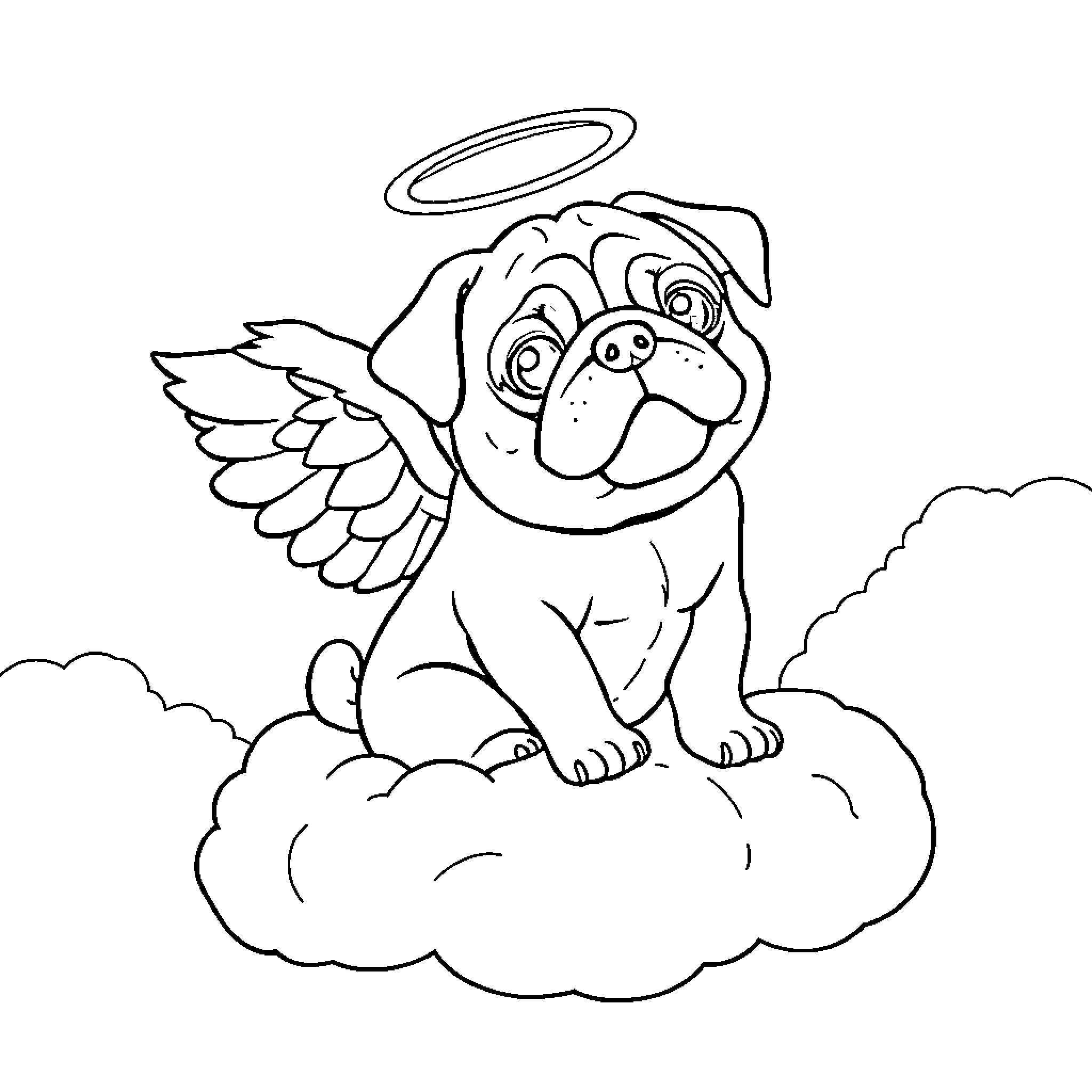 Pug with angelic wings sitting on a cloud Coloring Page (free black-and-white line drawing printable PDF for all, from beginners to advanced learners, including children, teens, adults, and seniors)