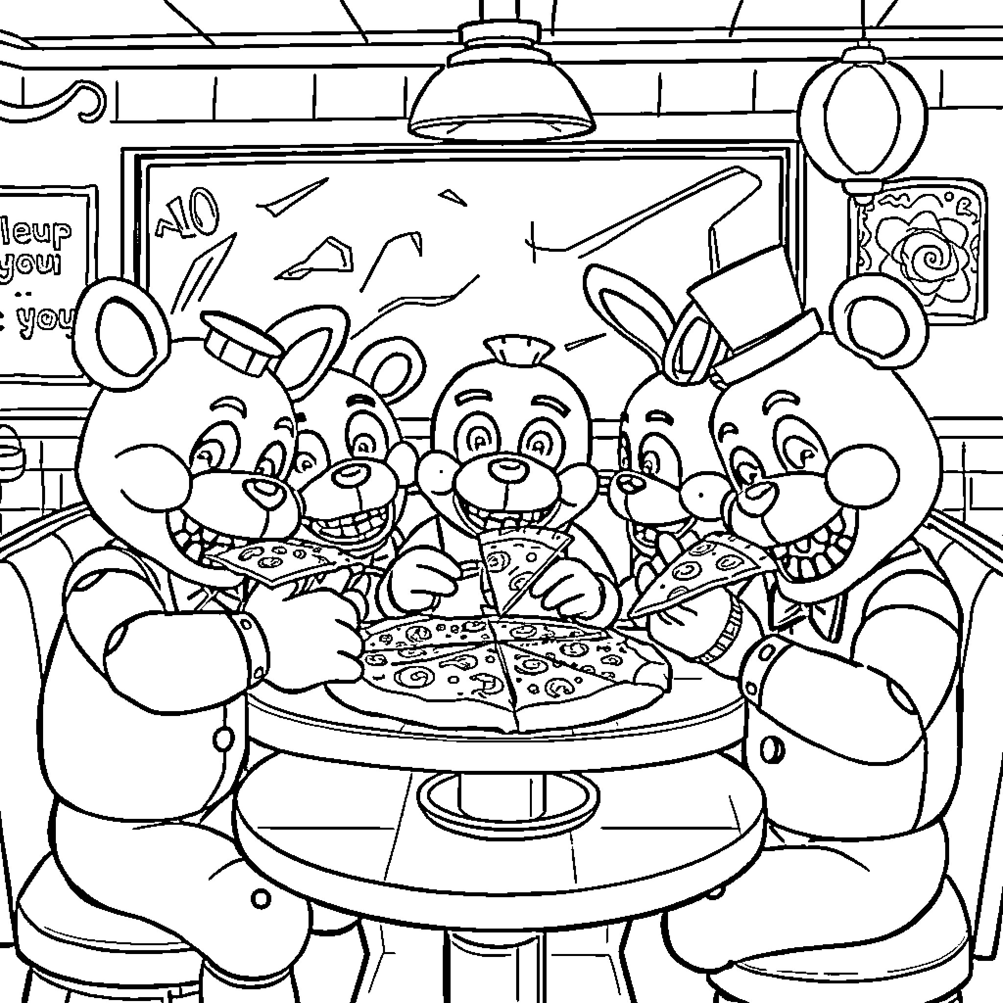 Five Nights At Freddy's Animatronics Enjoying Pizza Together Coloring Page (free black-and-white line drawing printable PDF for all, from beginners to advanced learners, including children, teens, adults, and seniors)