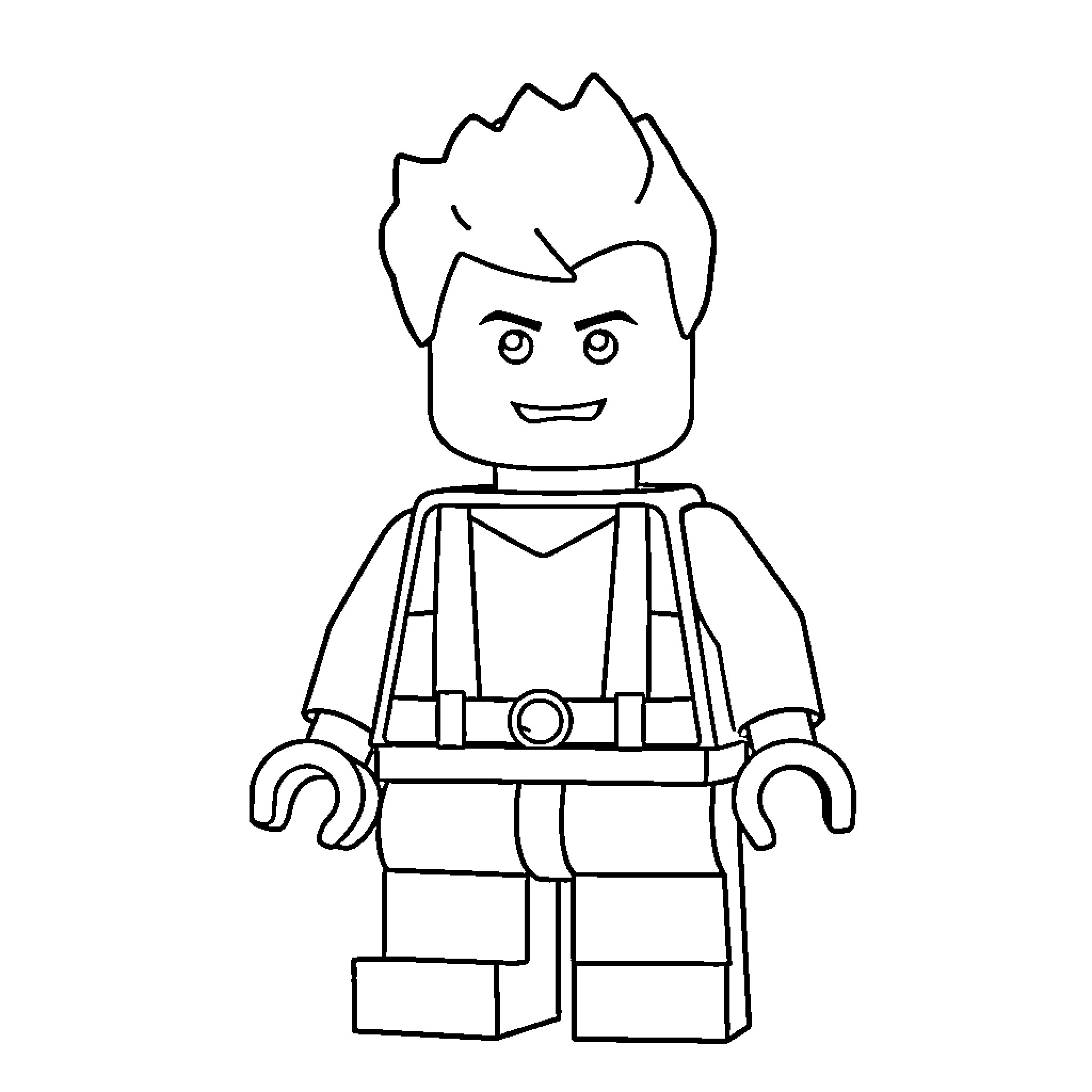 Lego Guy in Action Pose Coloring Page (free black-and-white line drawing printable PDF for all, from beginners to advanced learners, including children, teens, adults, and seniors)