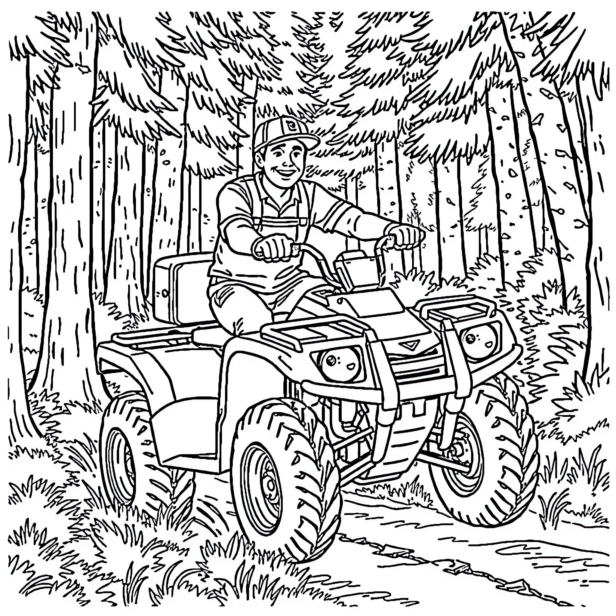 Handyman enjoying an ATV ride through the forest Coloring Page (free black-and-white line drawing printable PDF for all, from beginners to advanced learners, including children, teens, adults, and seniors)