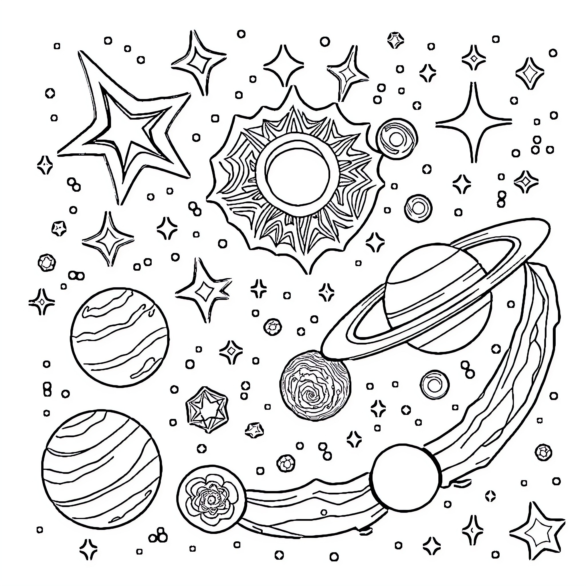 Space exploration and celestial wonder Coloring Page (free black-and-white line drawing printable PDF for all, from beginners to advanced learners, including children, teens, adults, and seniors)