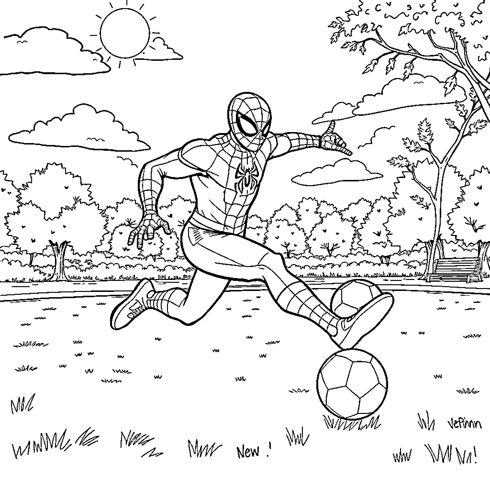 Spiderman kicking a soccer ball in a park Coloring Page (free black-and-white line drawing printable PDF for all, from beginners to advanced learners, including children, teens, adults, and seniors)