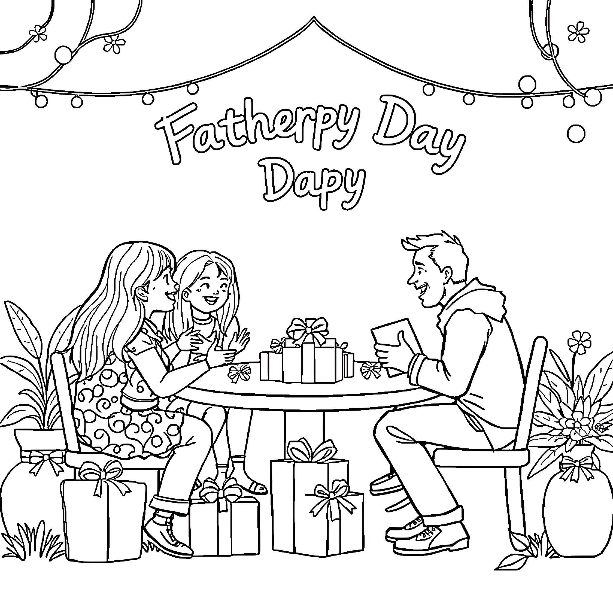 Father and child celebrate Father's Day together Coloring Page (free black-and-white line drawing printable PDF for all, from beginners to advanced learners, including children, teens, adults, and seniors)