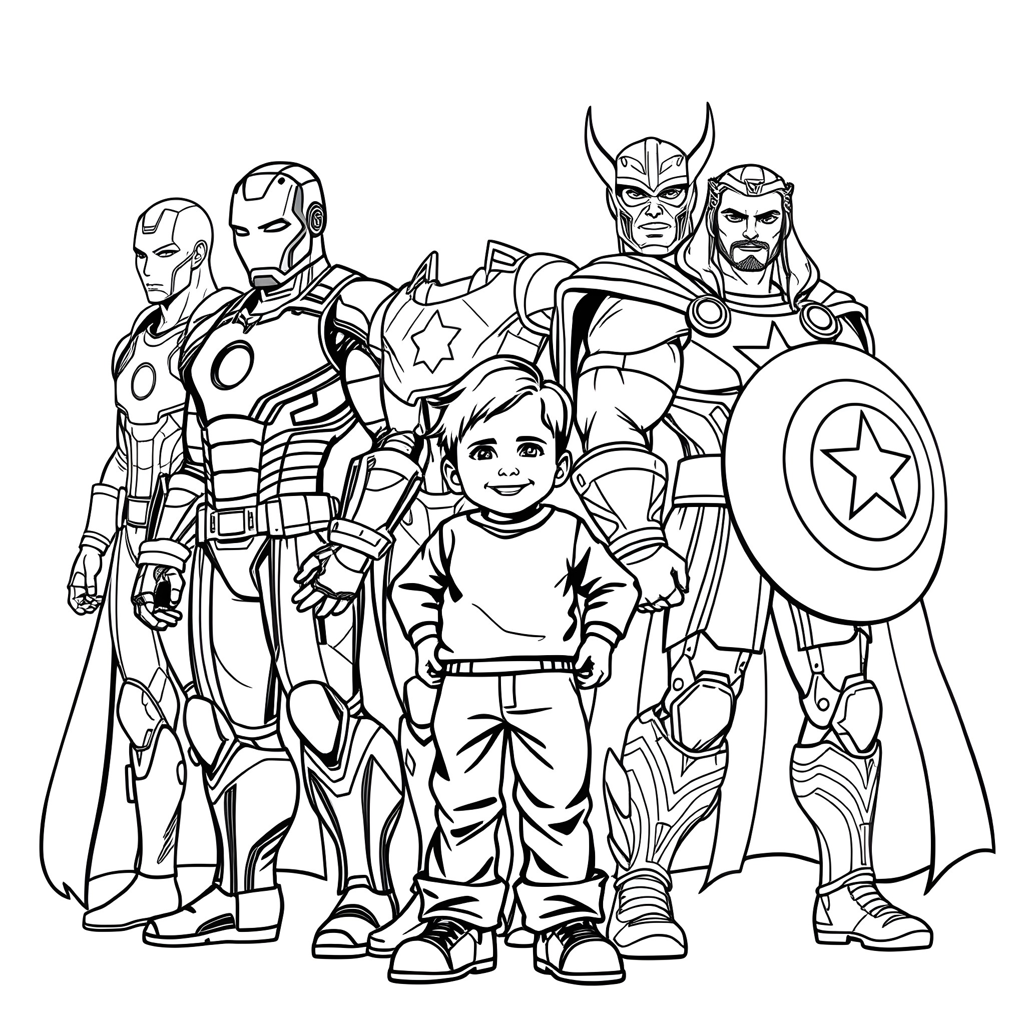 Boy stands with superheroes in action poses Coloring Page (free black-and-white line drawing printable PDF for all, from beginners to advanced learners, including children, teens, adults, and seniors)