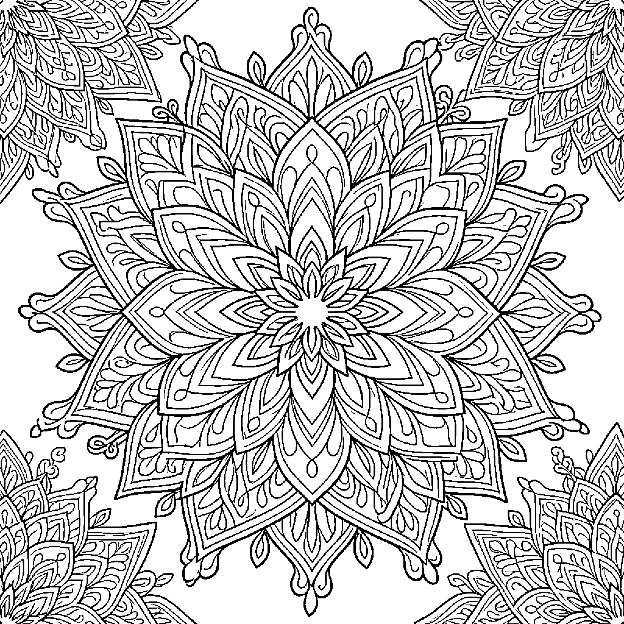 Mandalas displaying intricate floral patterns and symmetrical shapes Coloring Page (free black-and-white line drawing printable PDF for all, from beginners to advanced learners, including children, teens, adults, and seniors)