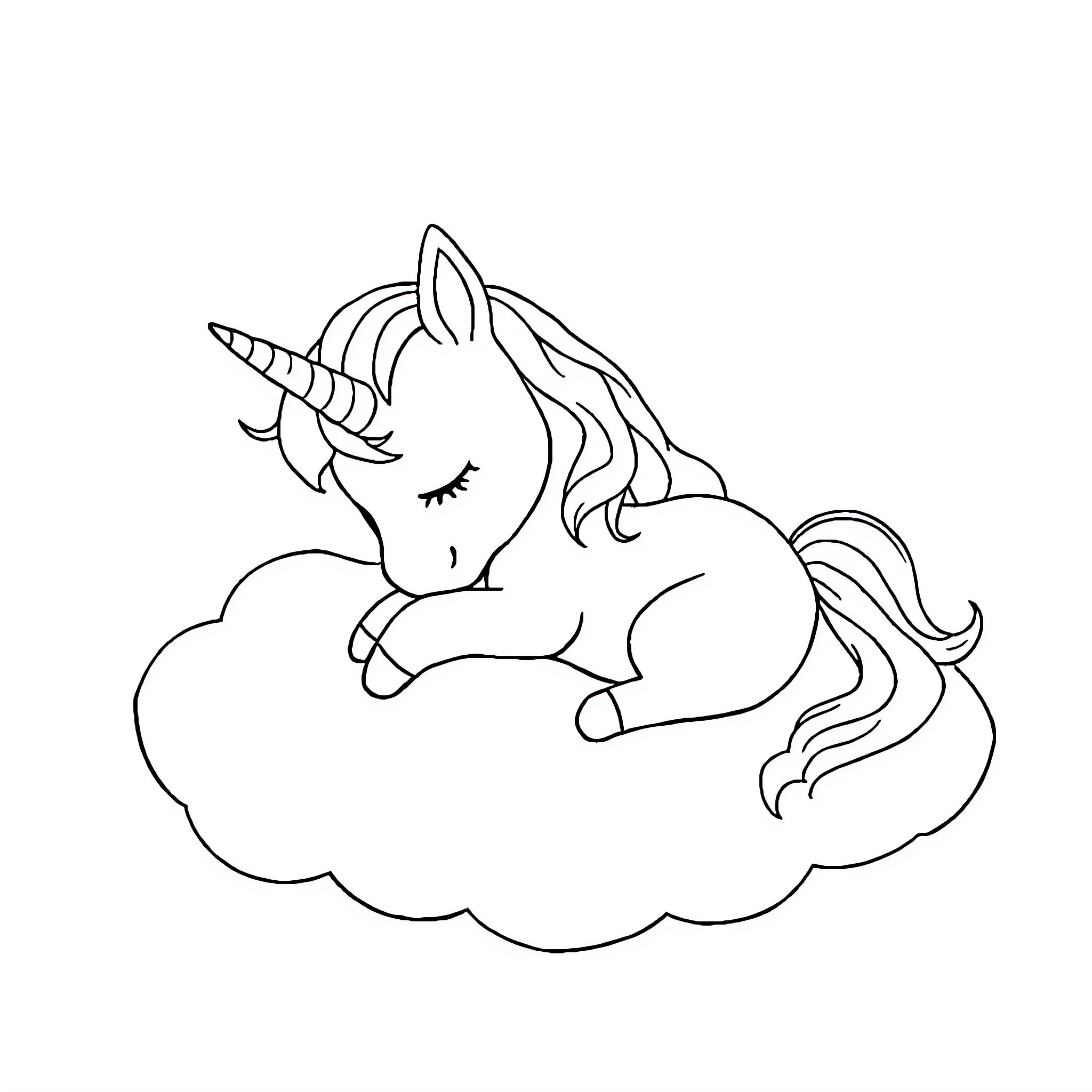Unicorn sleeping peacefully on a cloud Coloring Page (free black-and-white line drawing printable PDF for all, from beginners to advanced learners, including children, teens, adults, and seniors)