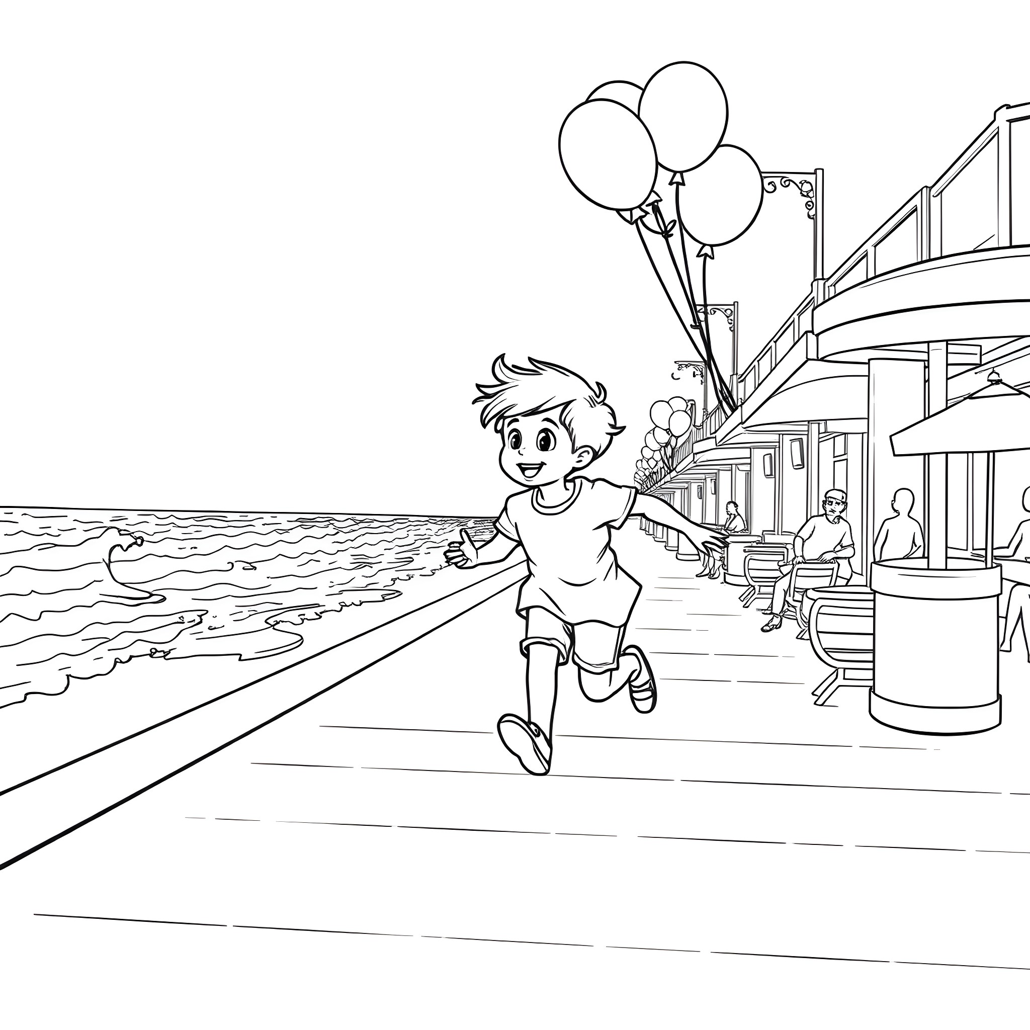 Kid running with balloons on the beach Coloring Page (free black-and-white line drawing printable PDF for all, from beginners to advanced learners, including children, teens, adults, and seniors)