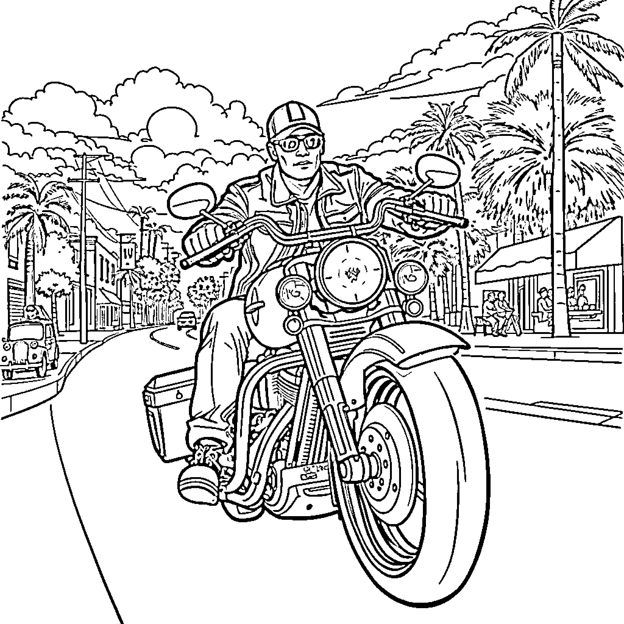 John Cena riding a motorcycle in a tropical city Coloring Page (free black-and-white line drawing printable PDF for all, from beginners to advanced learners, including children, teens, adults, and seniors)