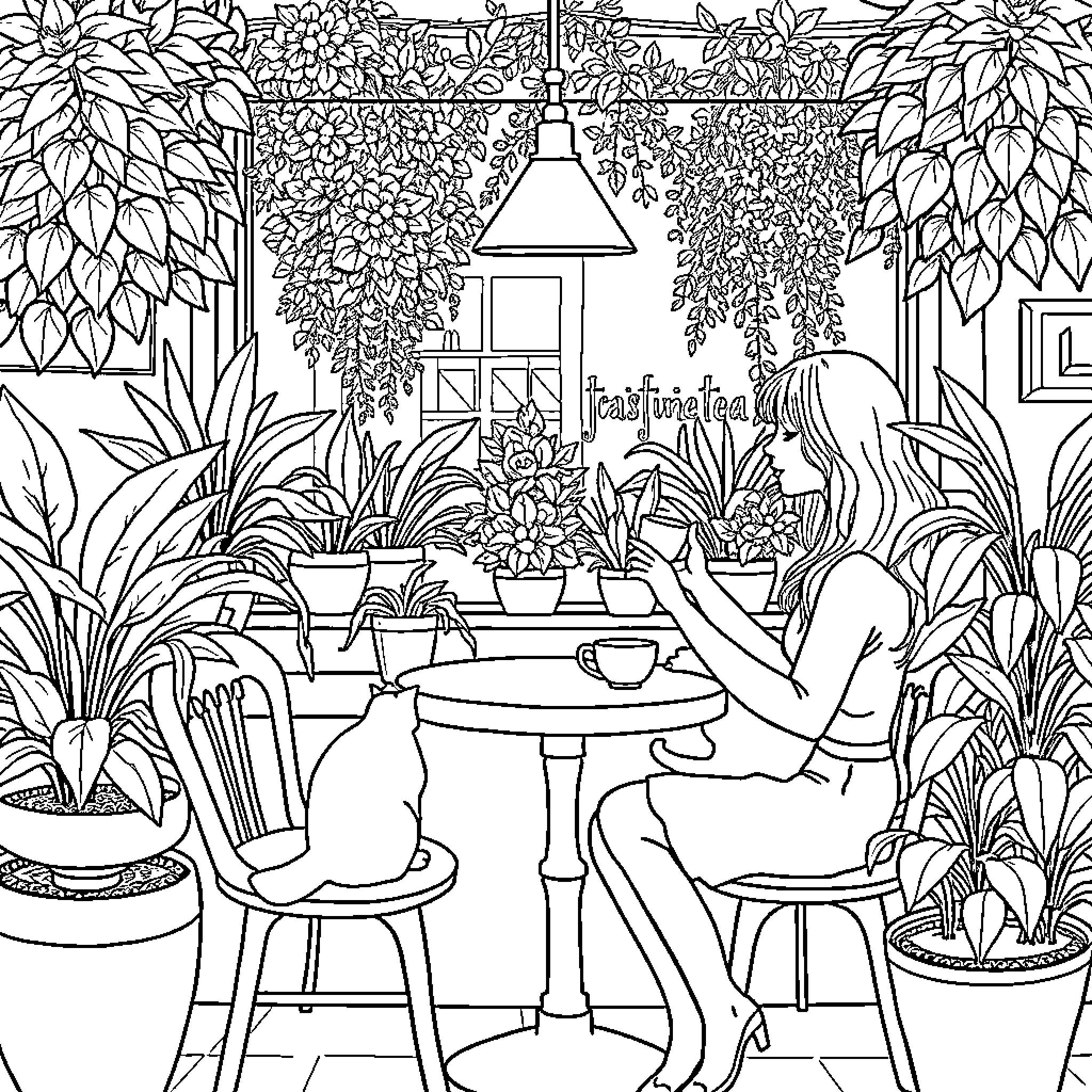 Cat enjoys cozy indoor garden retreat Coloring Page (free black-and-white line drawing printable PDF for all, from beginners to advanced learners, including children, teens, adults, and seniors)