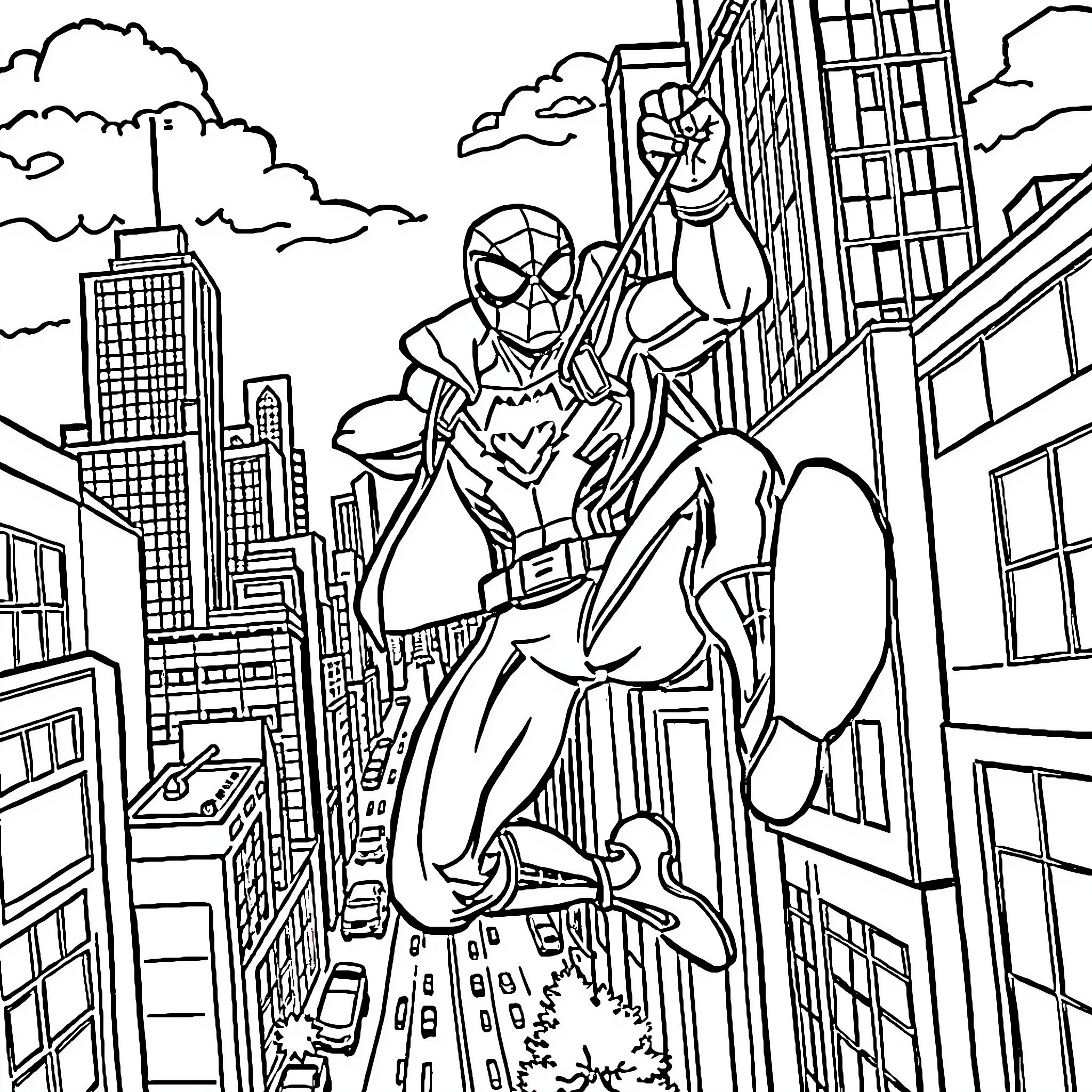 Spikerman swinging through the city on a web Coloring Page (free black-and-white line drawing printable PDF for all, from beginners to advanced learners, including children, teens, adults, and seniors)