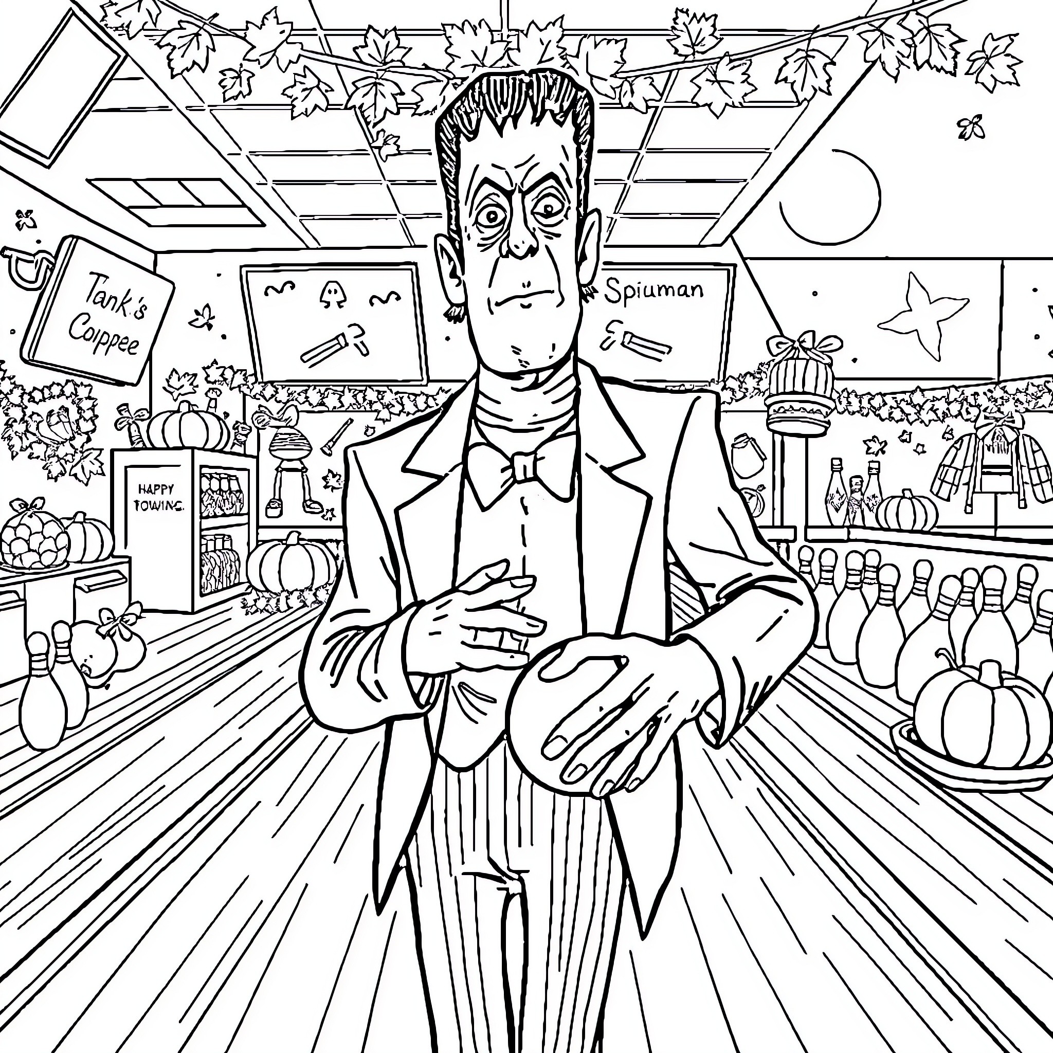 Herman Munster in a Bowling Alley Adventure Coloring Page (free black-and-white line drawing printable PDF for all, from beginners to advanced learners, including children, teens, adults, and seniors)