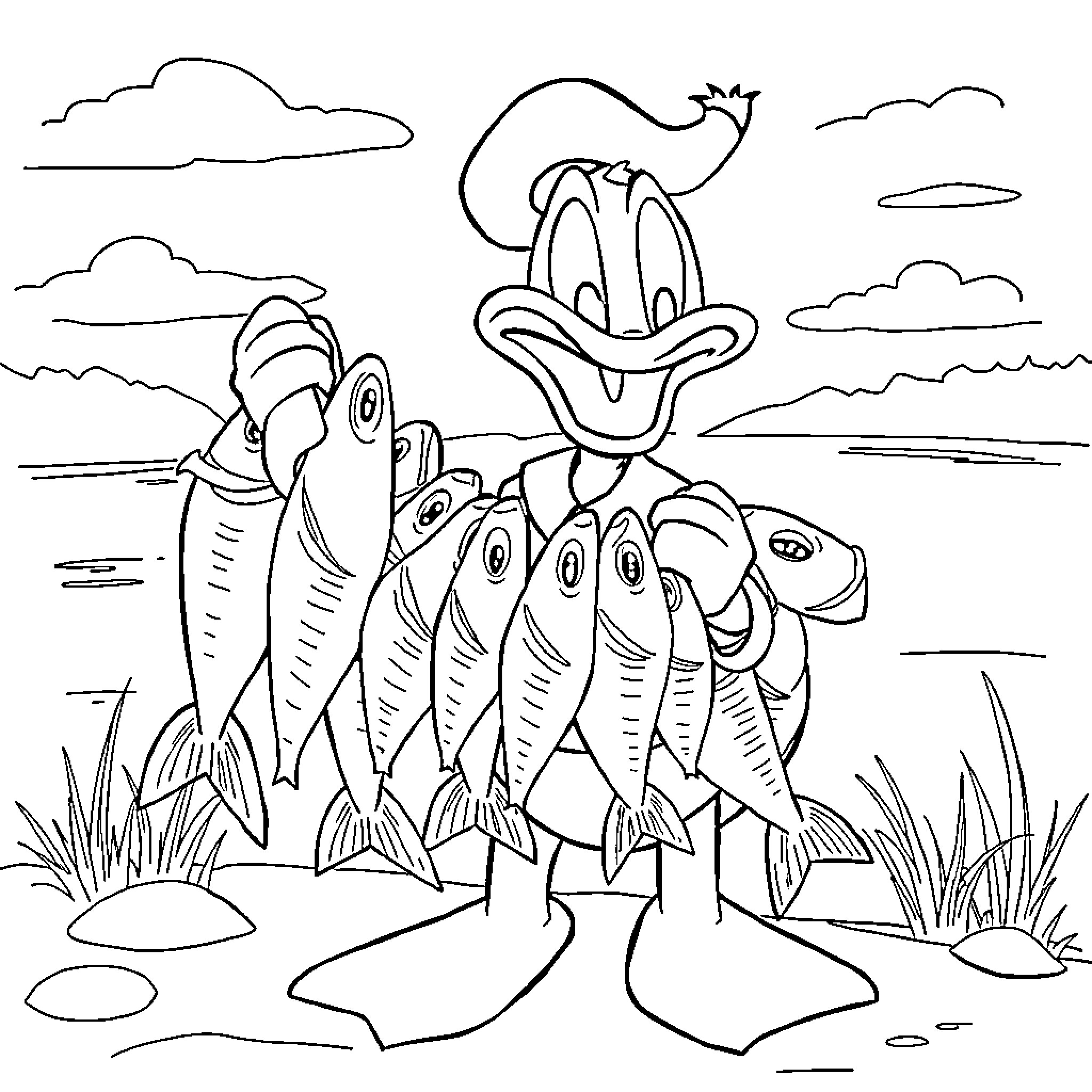 Donald Duck surrounded by cheerful school of fish Coloring Page (free black-and-white line drawing printable PDF for all, from beginners to advanced learners, including children, teens, adults, and seniors)