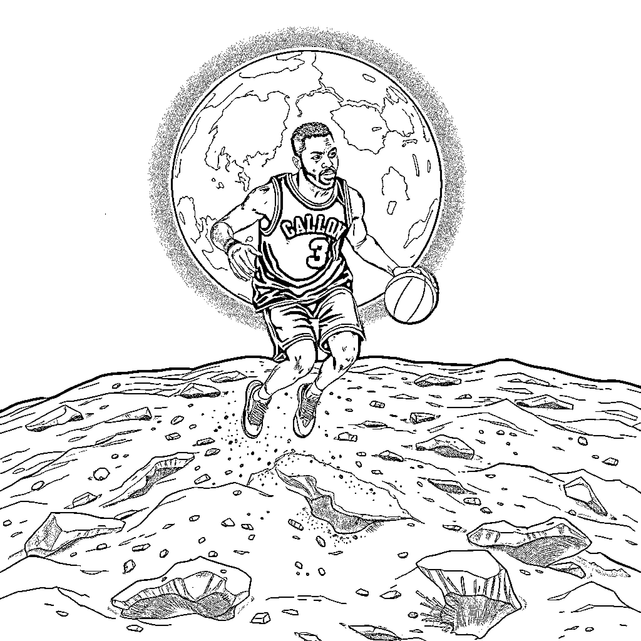 J Cole Dribbling Basketball on Cosmic Terrain Coloring Page (free black-and-white line drawing printable PDF for all, from beginners to advanced learners, including children, teens, adults, and seniors)