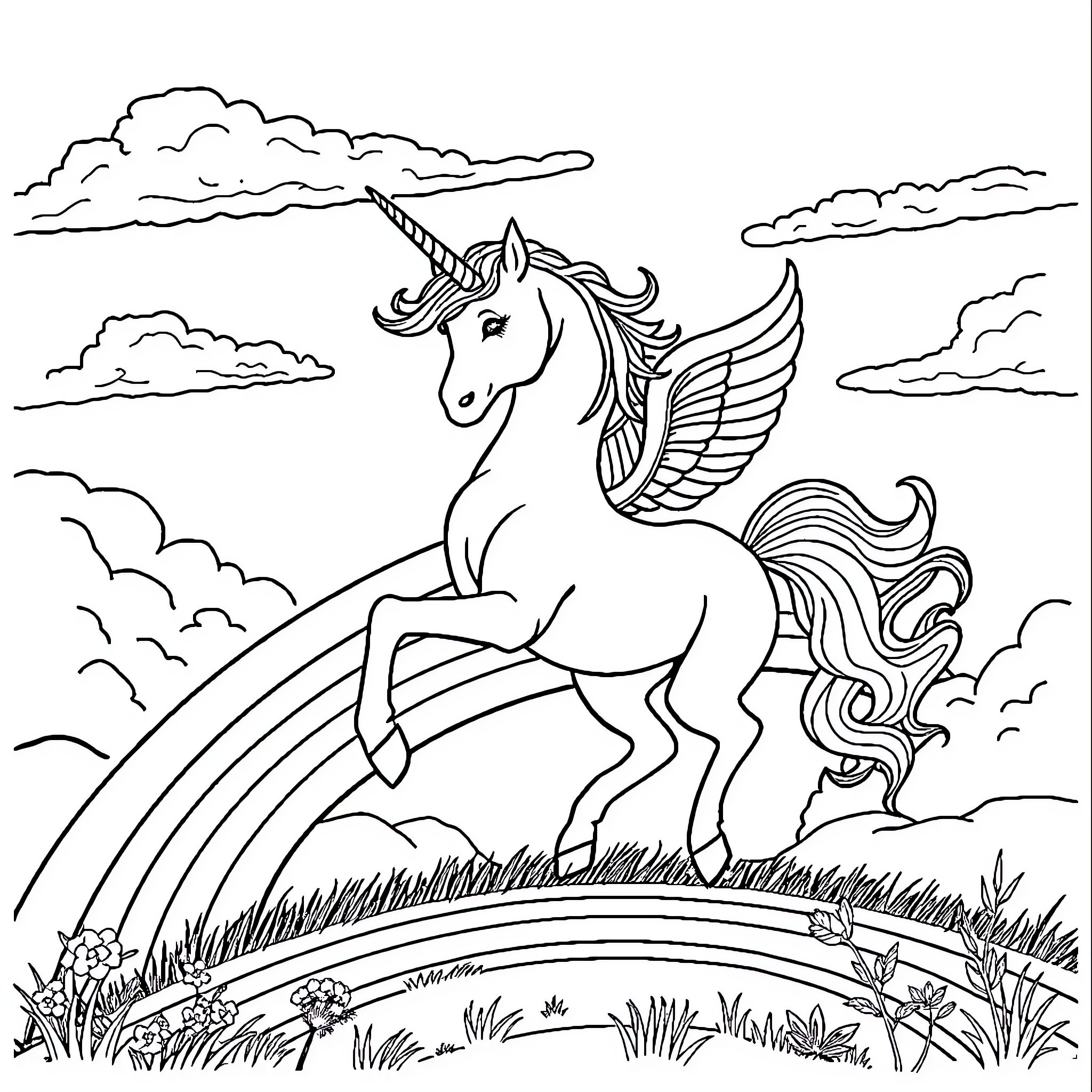 Unicorn flying gracefully over a rainbow Coloring Page (free black-and-white line drawing printable PDF for all, from beginners to advanced learners, including children, teens, adults, and seniors)