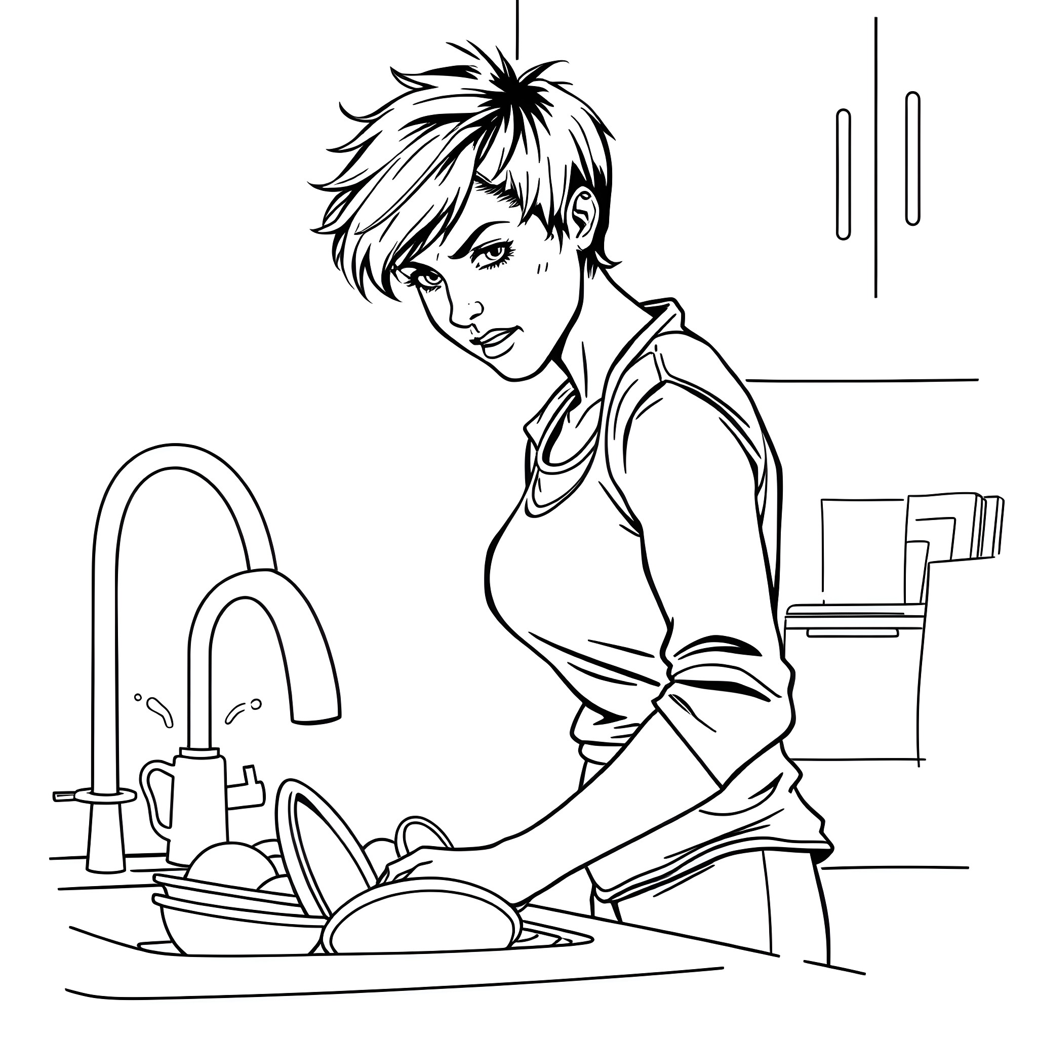 Woman washing dishes in the kitchen Coloring Page (free black-and-white line drawing printable PDF for all, from beginners to advanced learners, including children, teens, adults, and seniors)