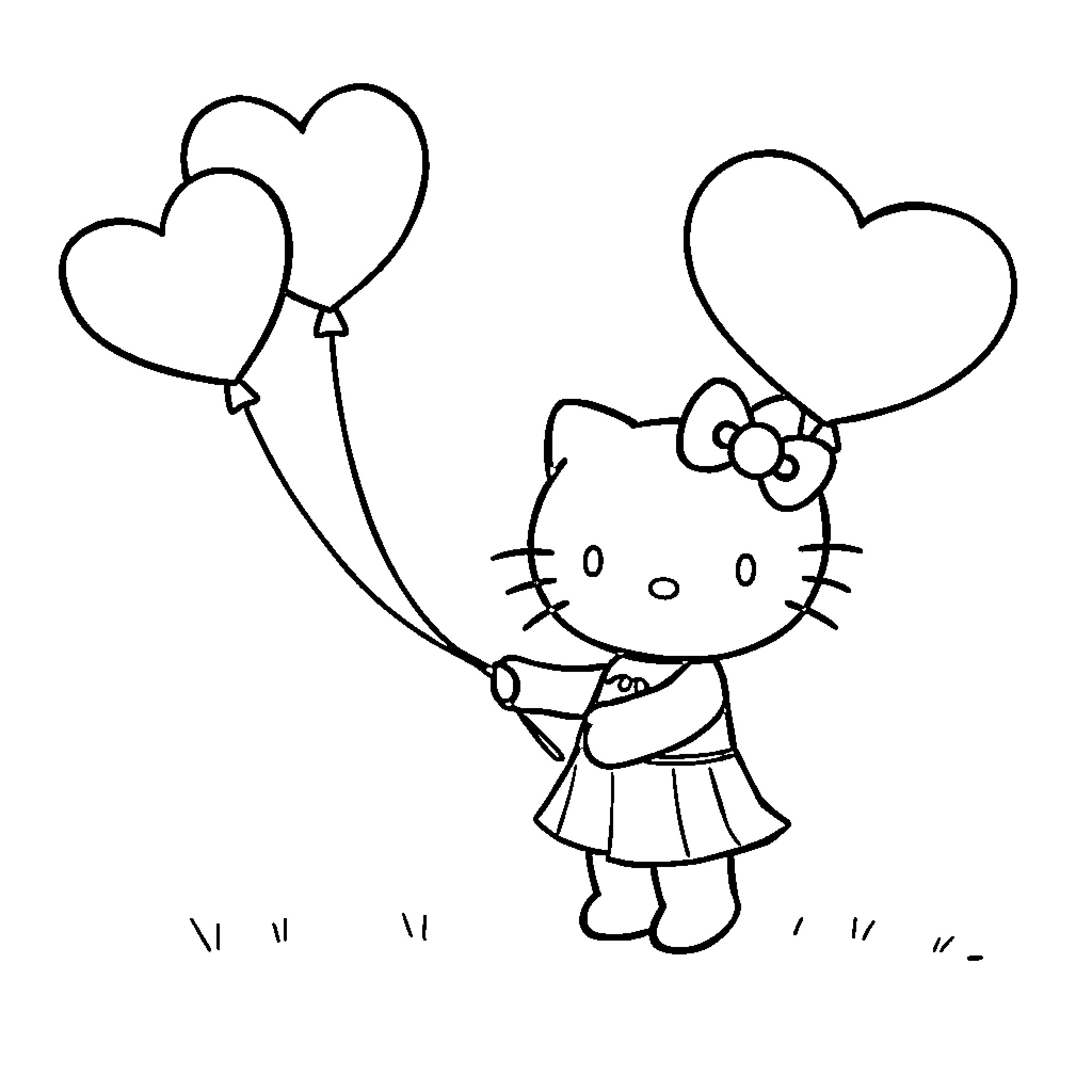 Hello Kitty holding heart-shaped balloons Coloring Page (free black-and-white line drawing printable PDF for all, from beginners to advanced learners, including children, teens, adults, and seniors)