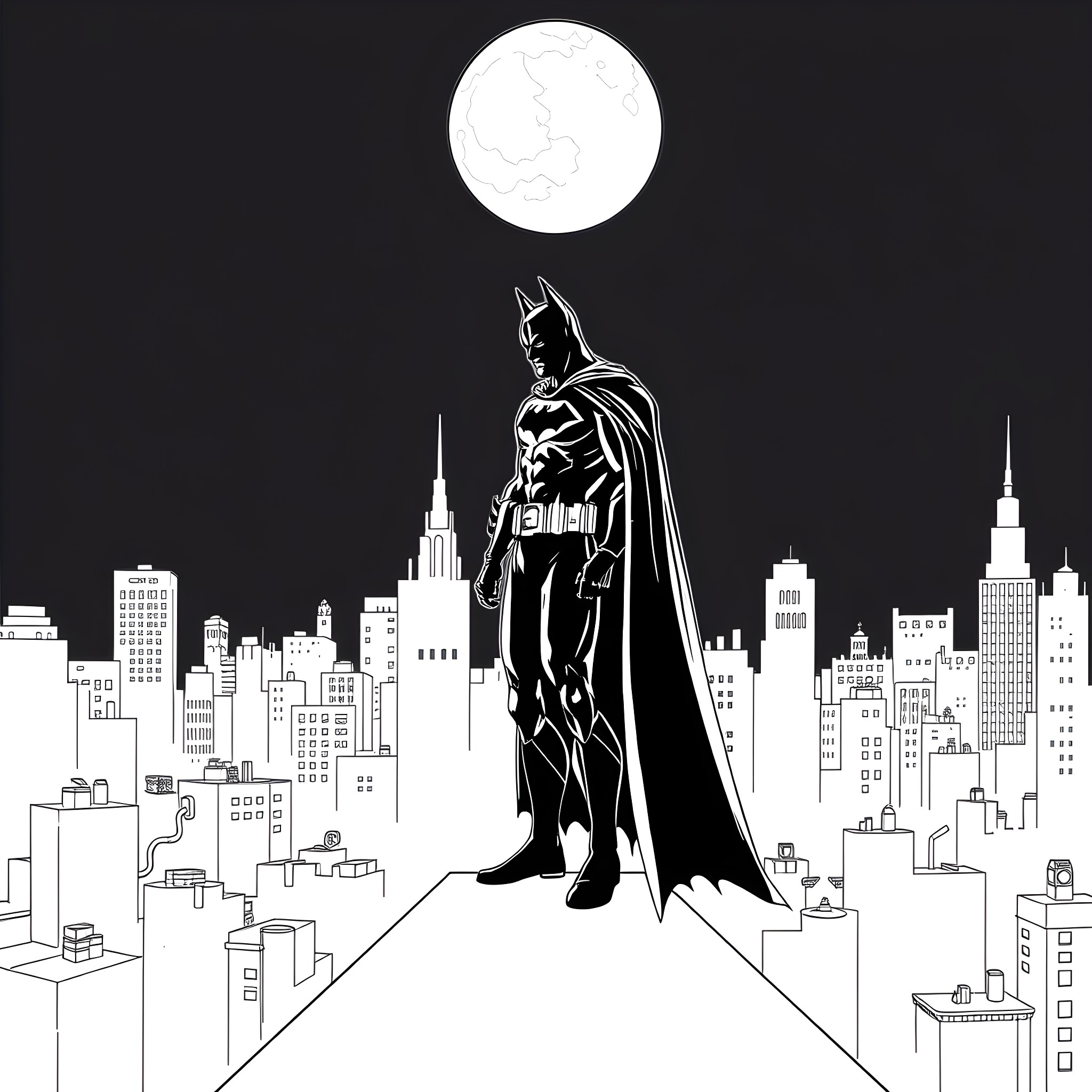 Batman standing tall against the night sky Coloring Page (free black-and-white line drawing printable PDF for all, from beginners to advanced learners, including children, teens, adults, and seniors)