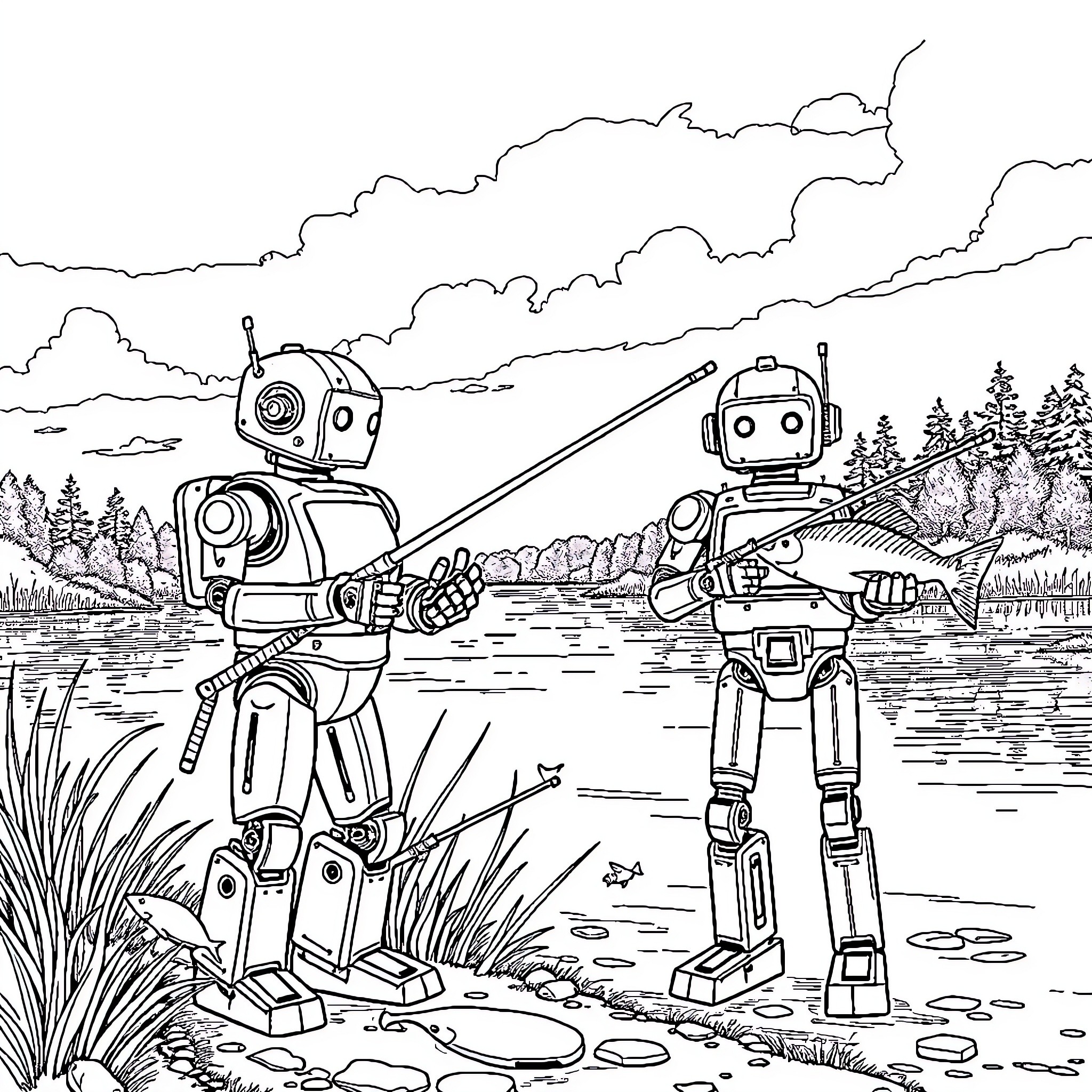 Robot Assistants Explore Peaceful Nature Landscape Coloring Page (free black-and-white line drawing printable PDF for all, from beginners to advanced learners, including children, teens, adults, and seniors)