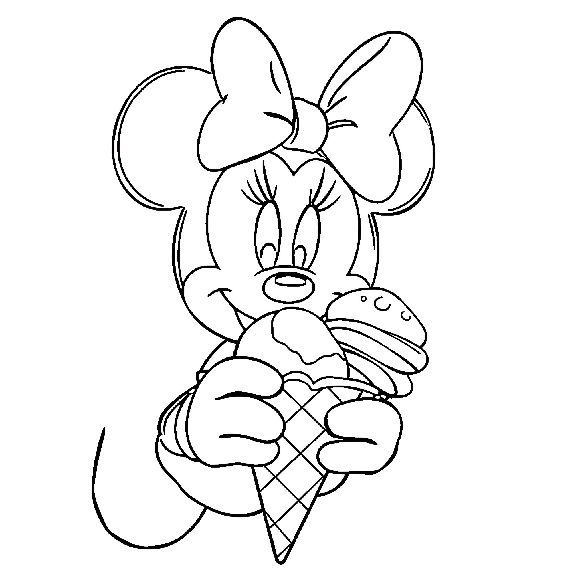Minnie Mouse enjoying an ice cream cone Coloring Page (free black-and-white line drawing printable PDF for all, from beginners to advanced learners, including children, teens, adults, and seniors)