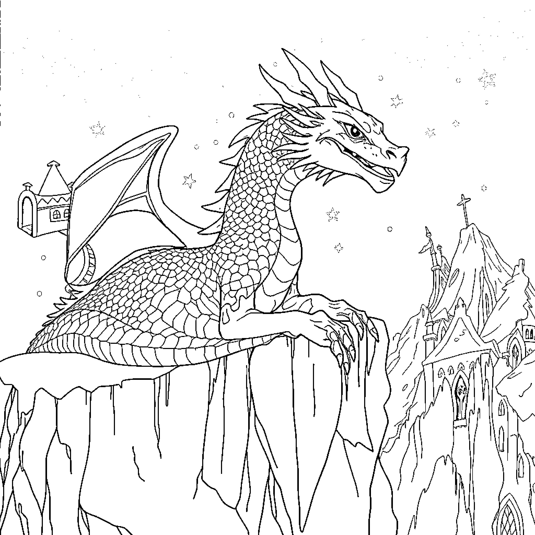Dragon perched on a rocky cliff overlooking a fantastical landscape Coloring Page (free black-and-white line drawing printable PDF for all, from beginners to advanced learners, including children, teens, adults, and seniors)