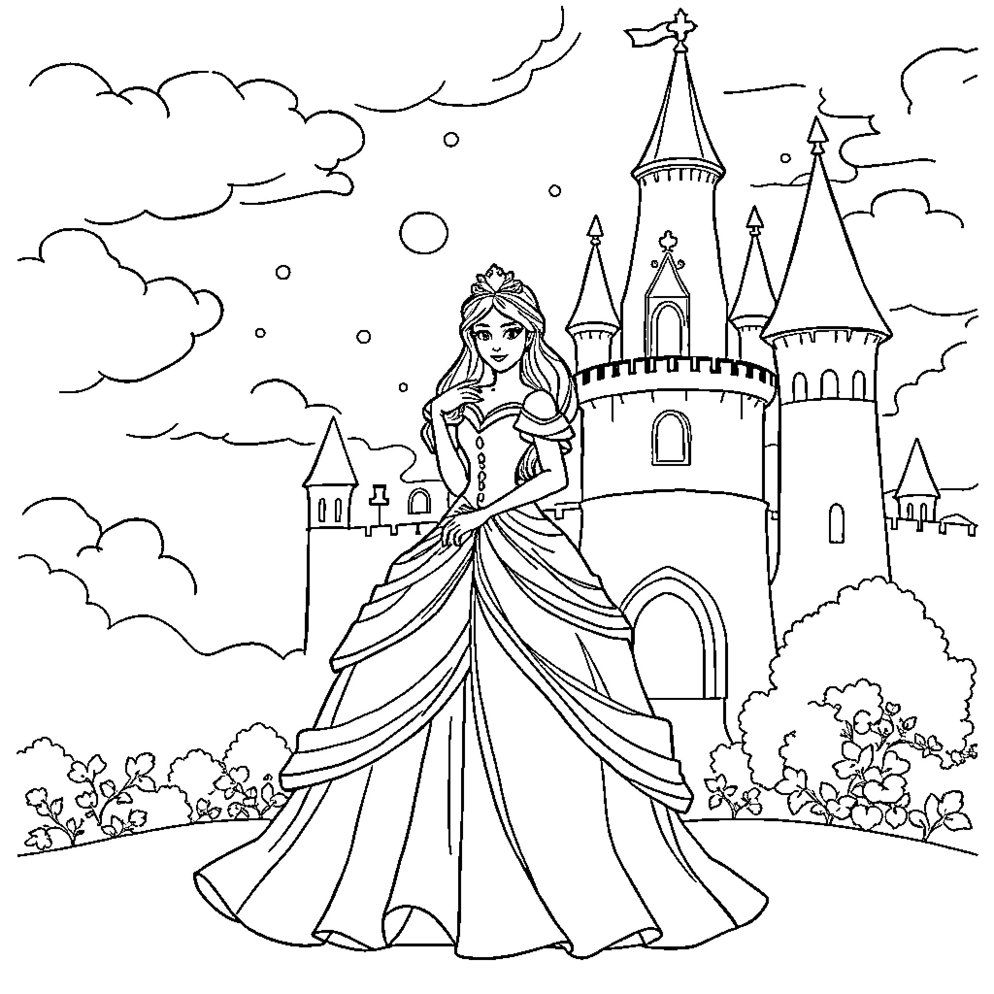 Princess in Beautiful Dress Near Enchanting Castle Coloring Page (free black-and-white line drawing printable PDF for all, from beginners to advanced learners, including children, teens, adults, and seniors)