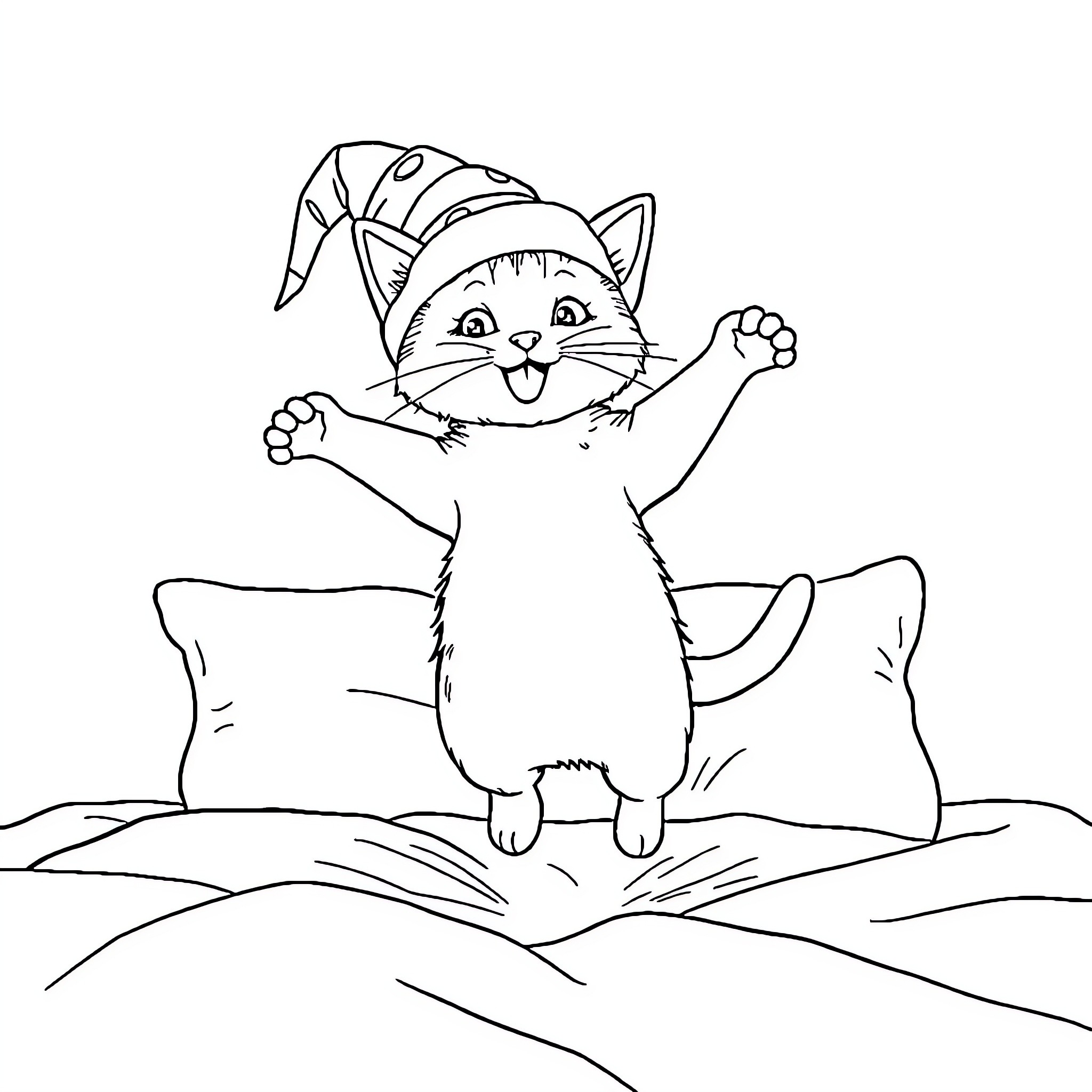 Cat in Jester Hat Playfully Jumping Coloring Page (free black-and-white line drawing printable PDF for all, from beginners to advanced learners, including children, teens, adults, and seniors)