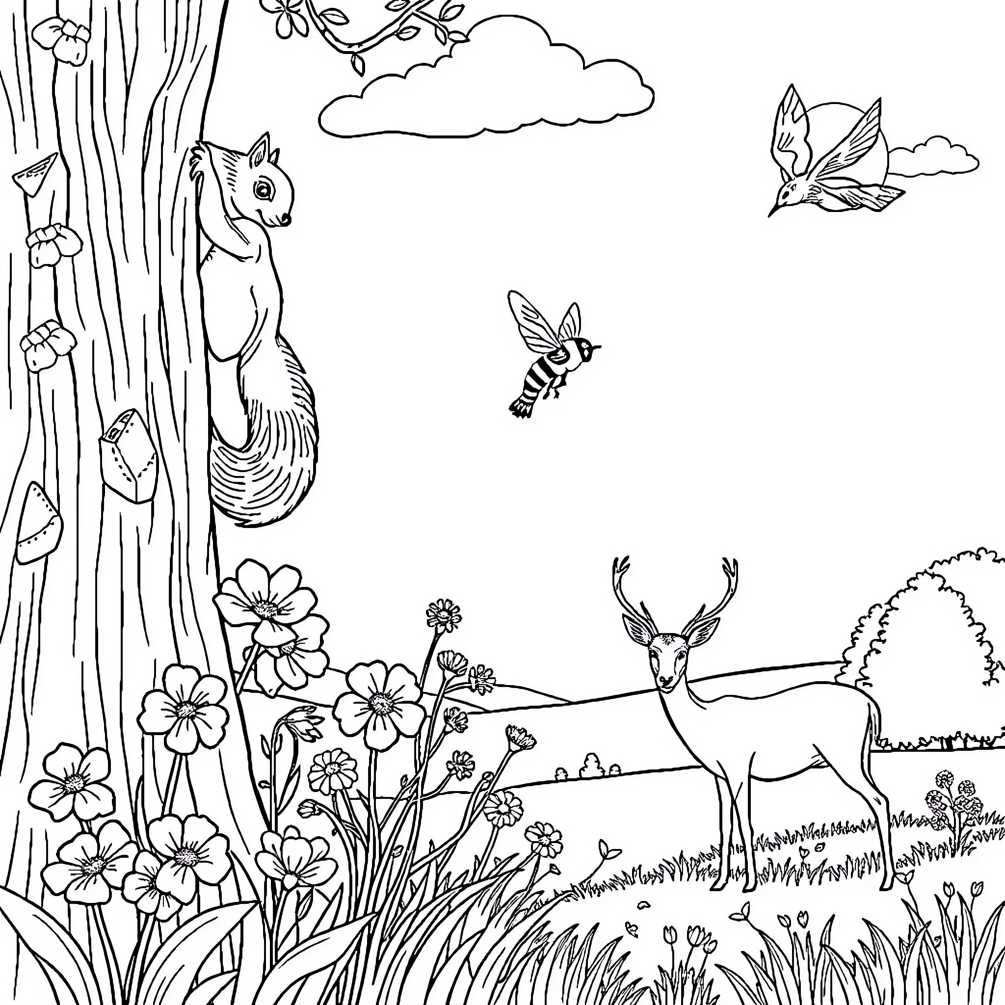 Squirrel scurrying among flowers and butterflies in nature Coloring Page (free black-and-white line drawing printable PDF for all, from beginners to advanced learners, including children, teens, adults, and seniors)