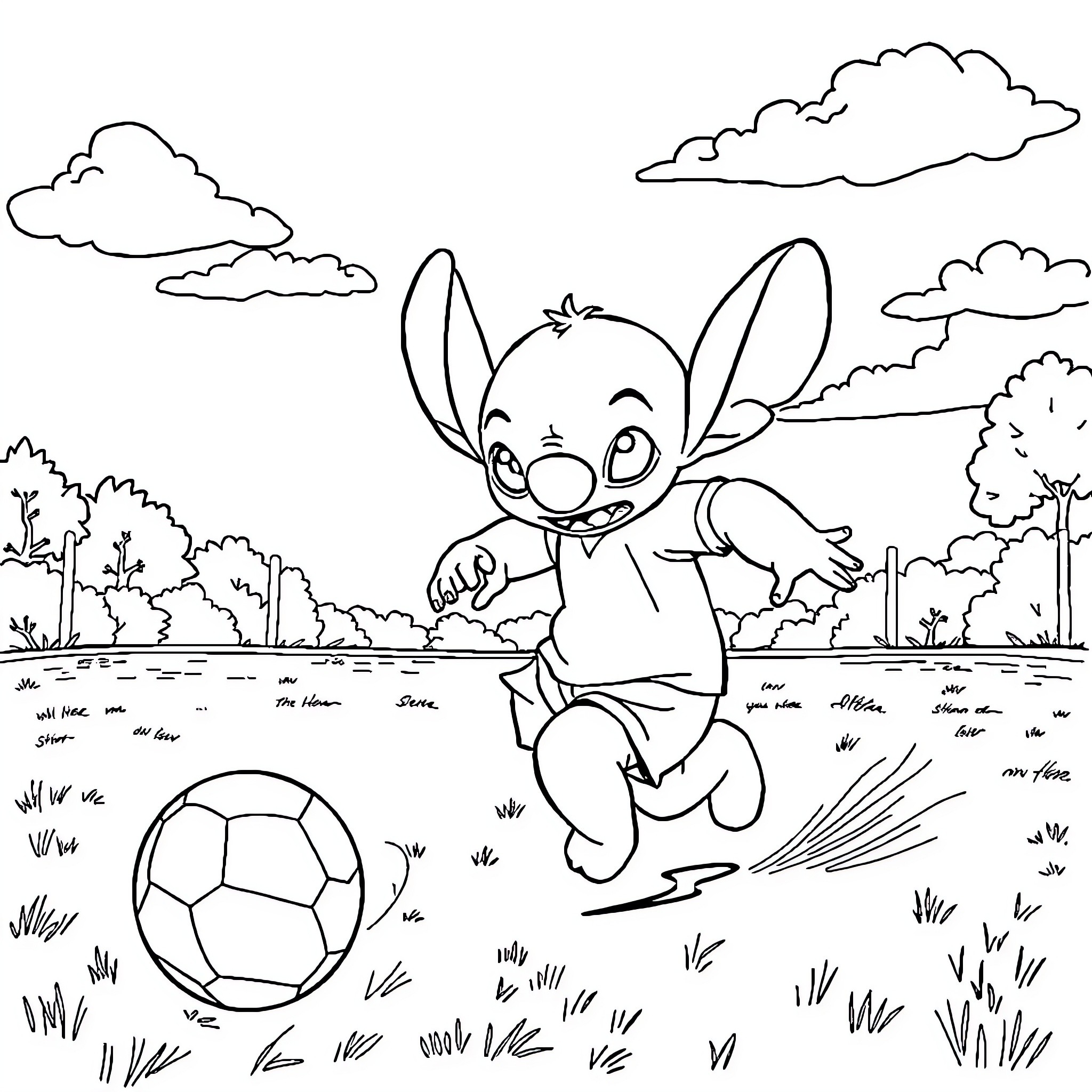 Stitch playing joyfully with a soccer ball in nature Coloring Page (free black-and-white line drawing printable PDF for all, from beginners to advanced learners, including children, teens, adults, and seniors)