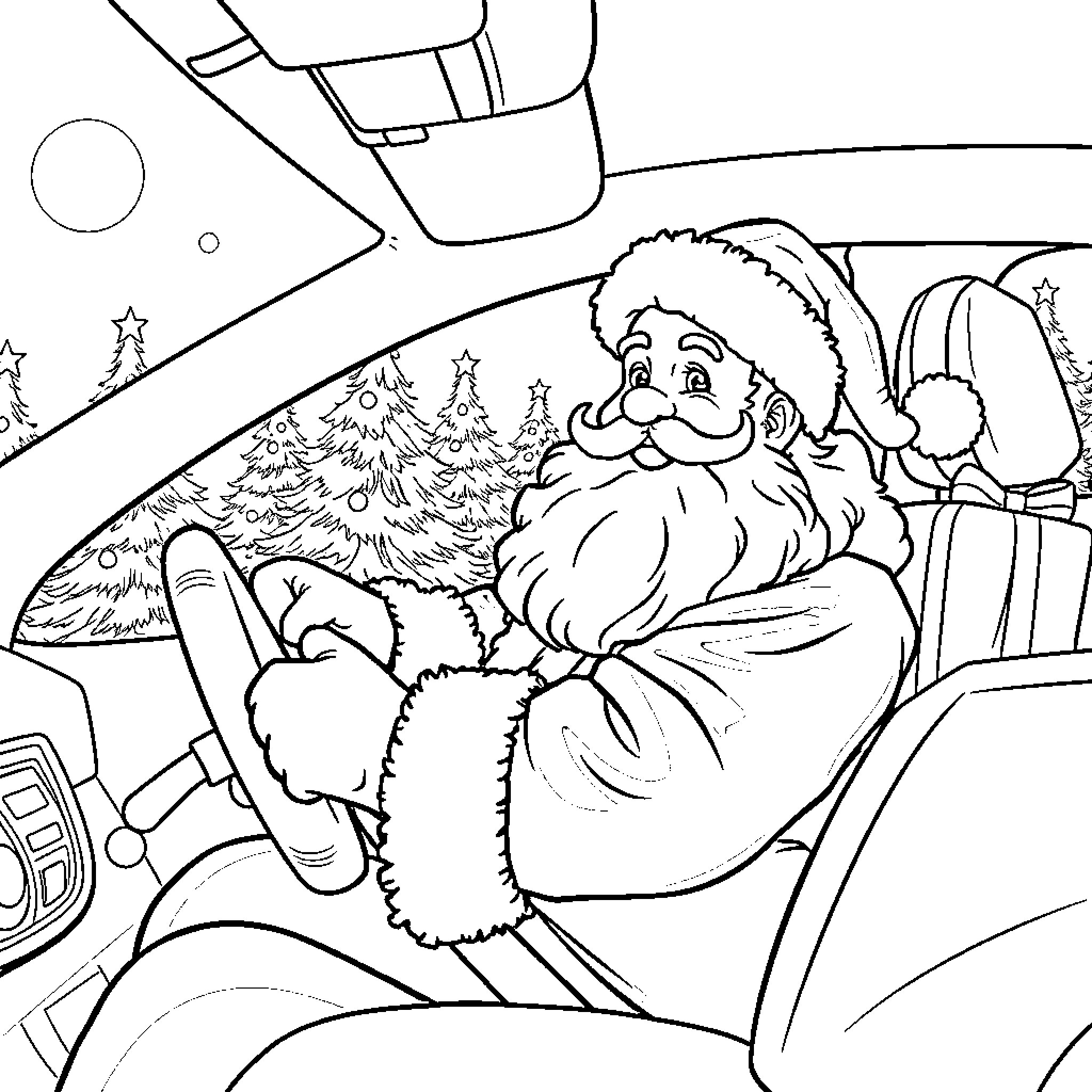 Santa Claus driving a sleigh with gifts Coloring Page (free black-and-white line drawing printable PDF for all, from beginners to advanced learners, including children, teens, adults, and seniors)