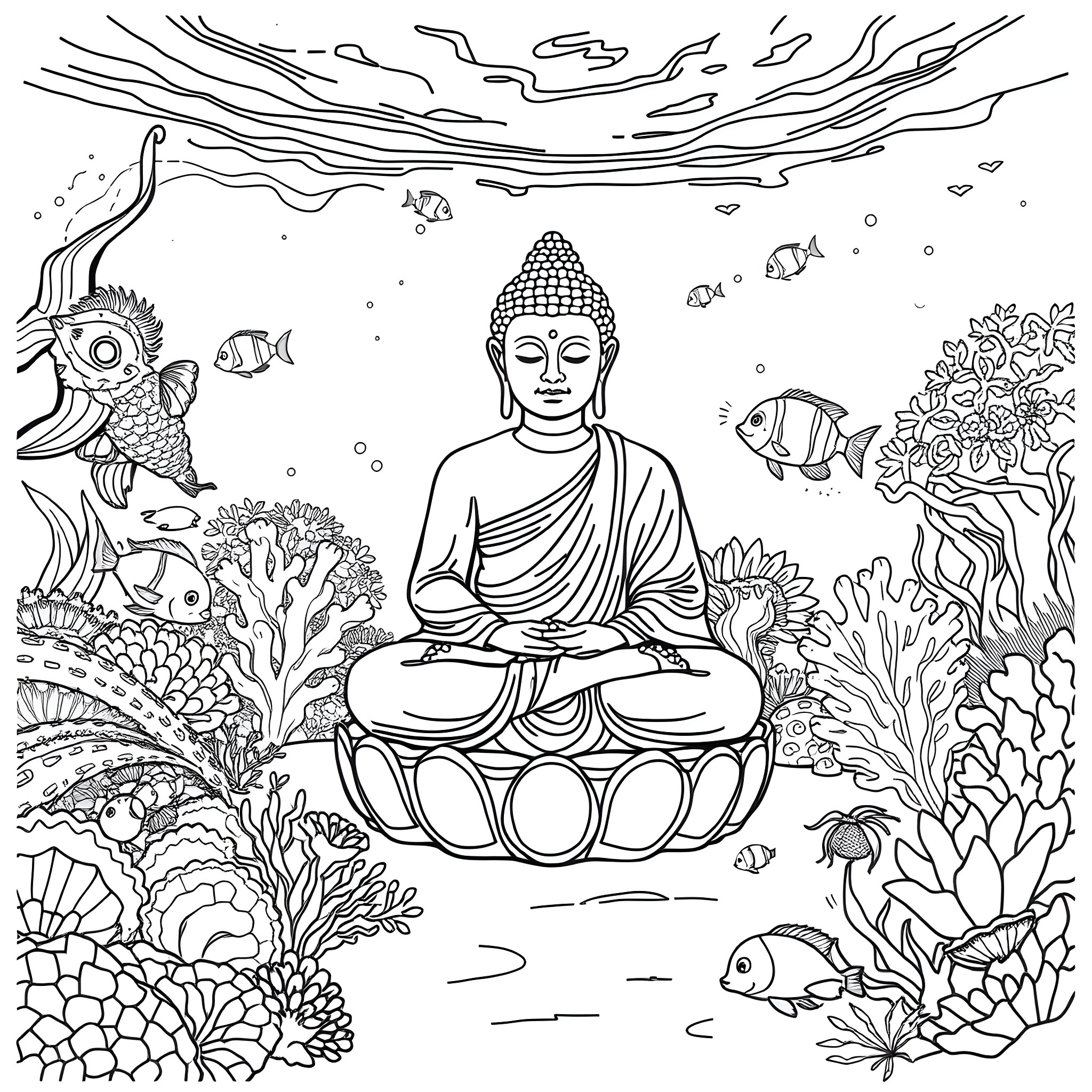 Buddha in serene meditation surrounded by aquatic life Coloring Page (free black-and-white line drawing printable PDF for all, from beginners to advanced learners, including children, teens, adults, and seniors)