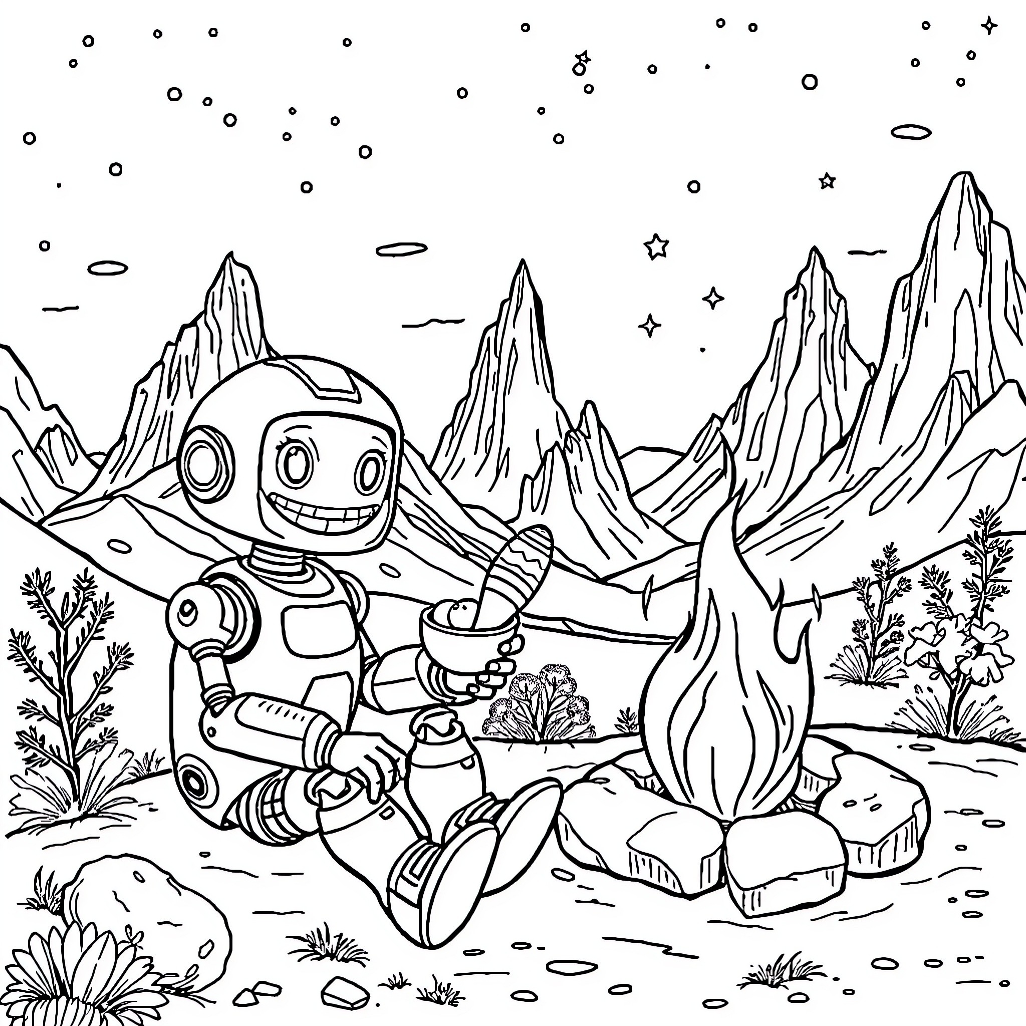 Robot exploring the vast and mysterious alien landscape Coloring Page (free black-and-white line drawing printable PDF for all, from beginners to advanced learners, including children, teens, adults, and seniors)
